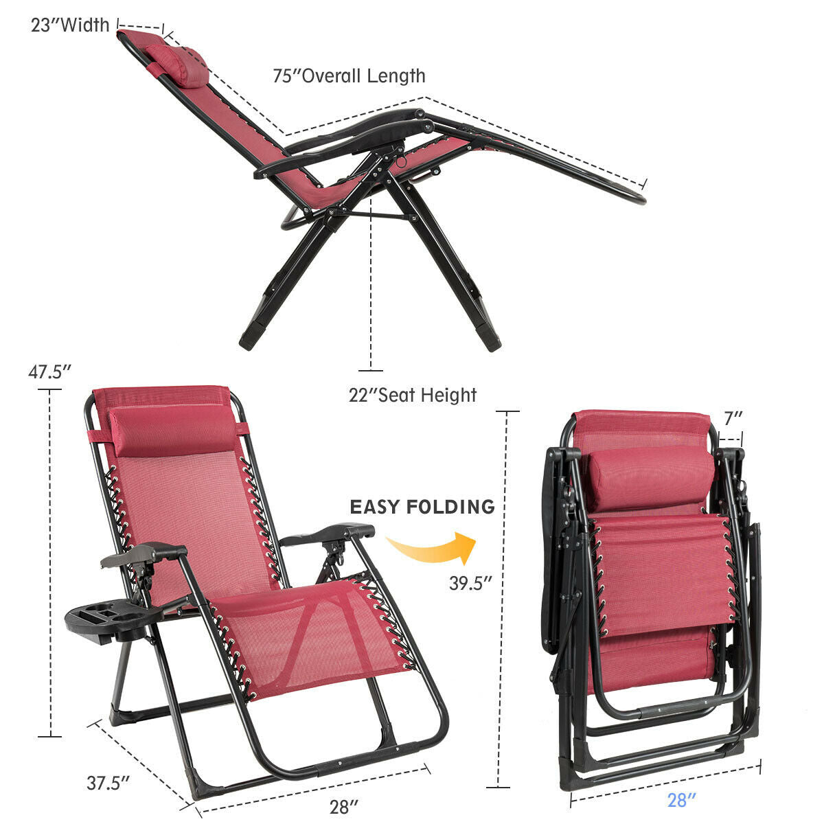 *SPECIAL* - Oversize Lounge Chair Patio Heavy Duty Folding Recliner-Wine (Missing Cup Holder)