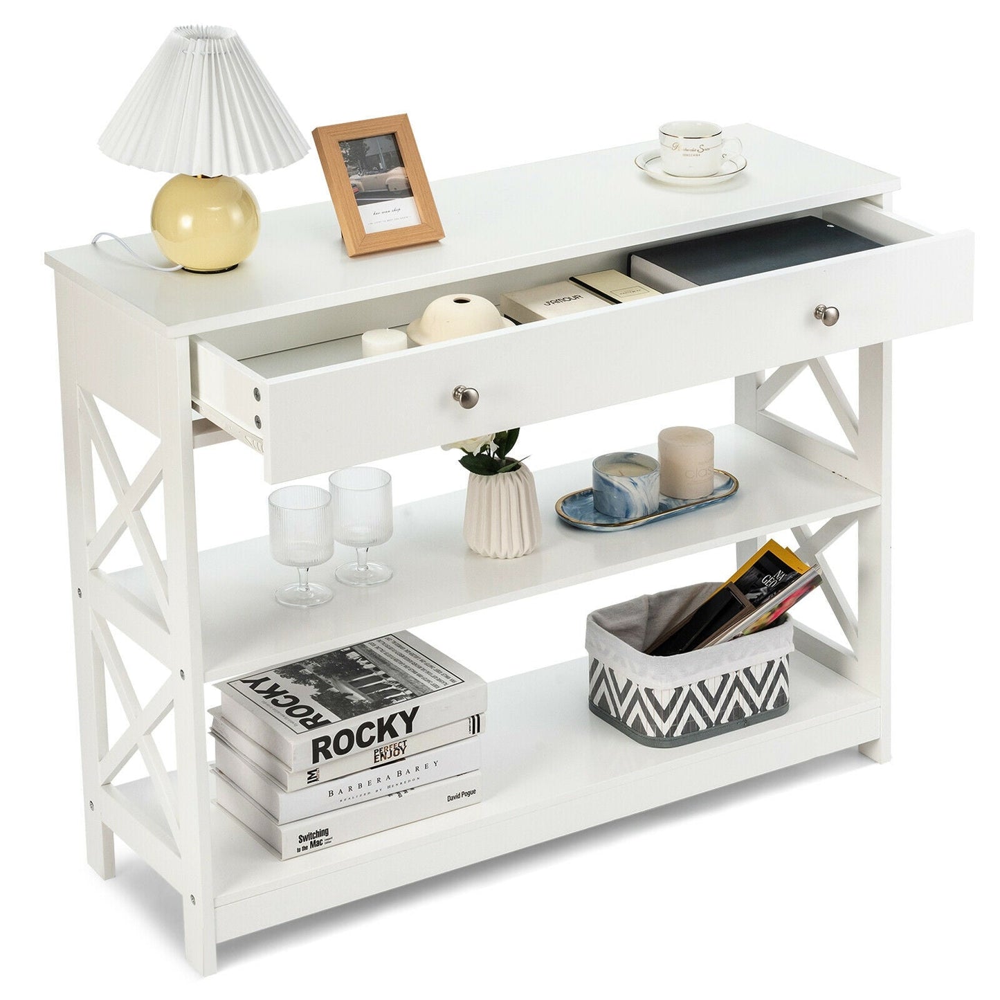 3-Tier Console Table with Drawers for Living Room Entryway-White, assembled