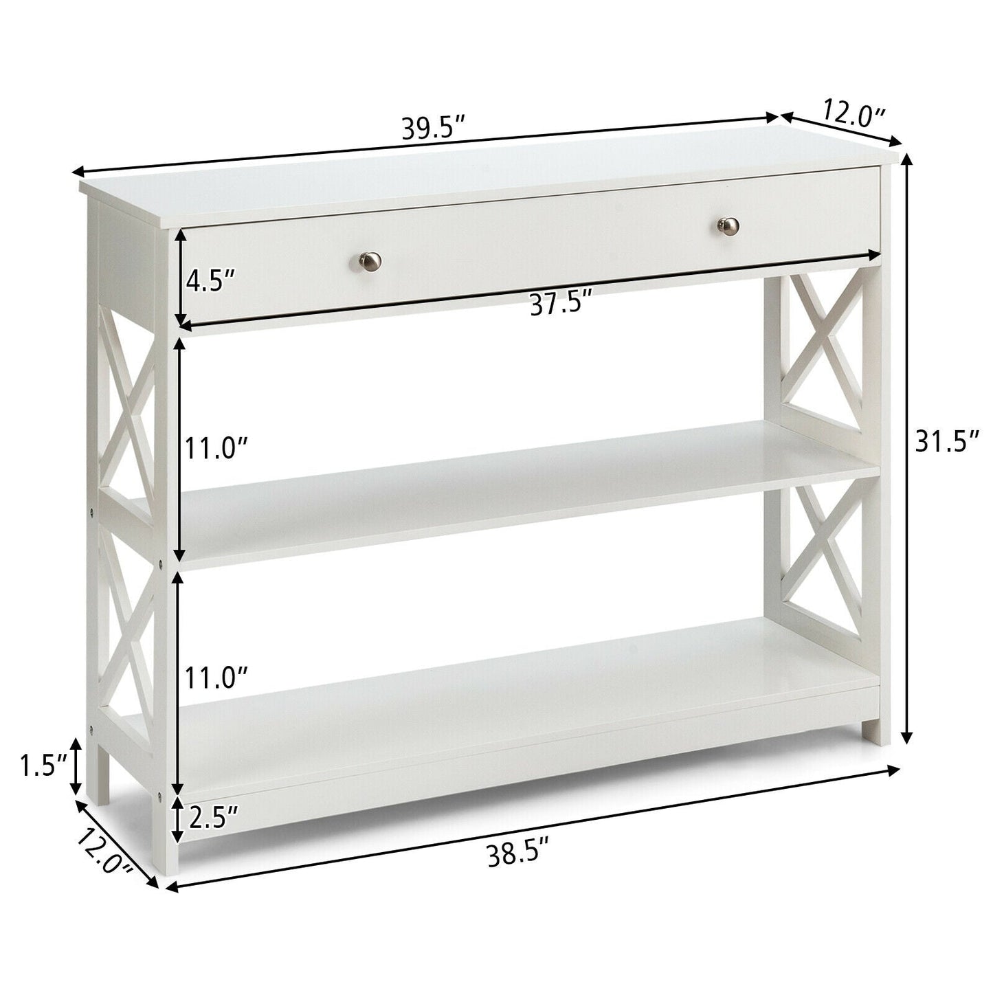 3-Tier Console Table with Drawers for Living Room Entryway-White, assembled