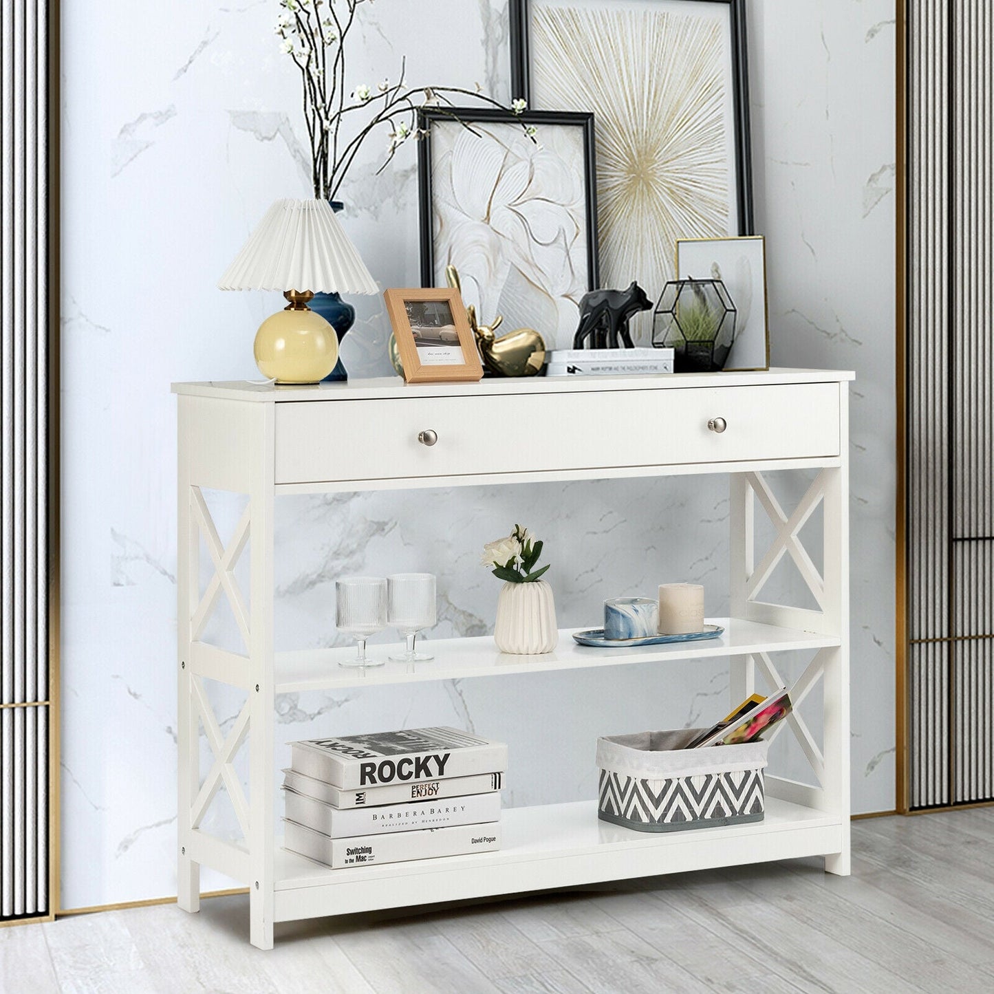 3-Tier Console Table with Drawers for Living Room Entryway-White, assembled