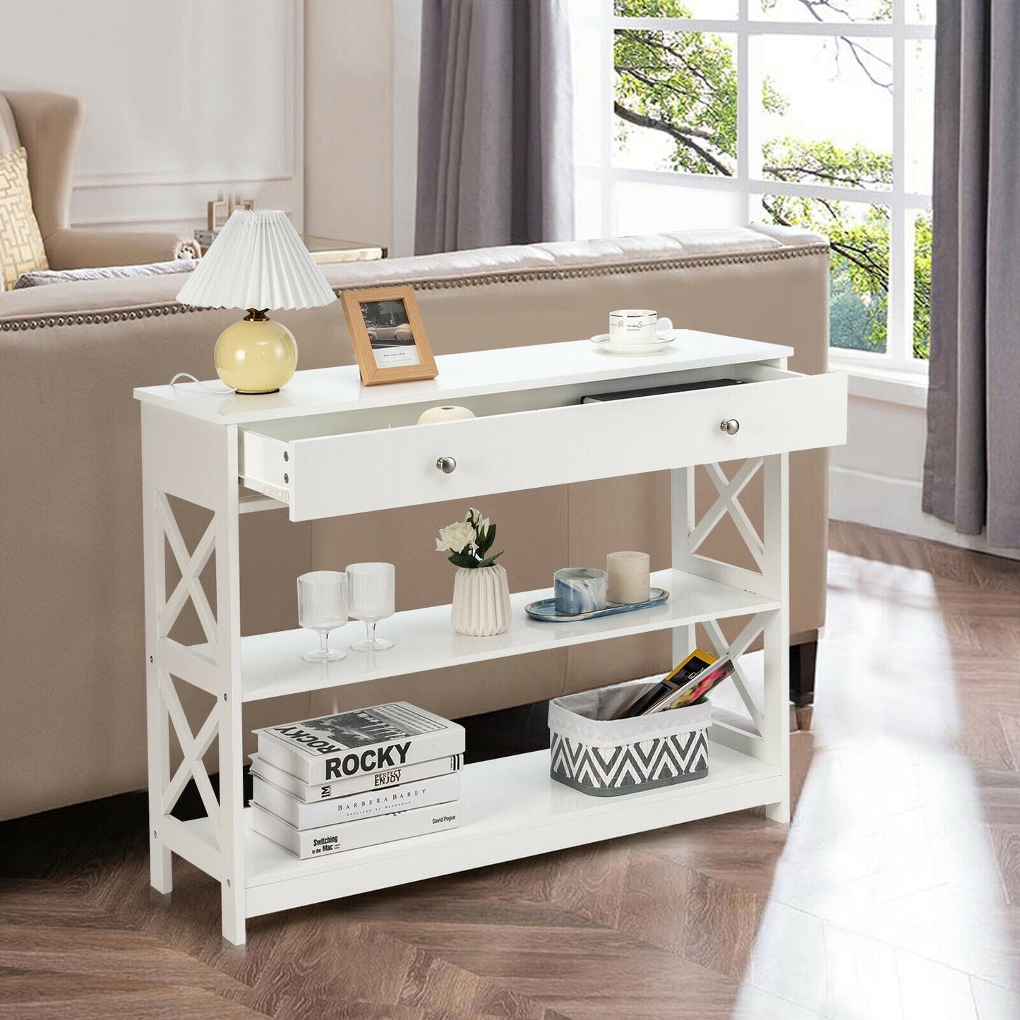 3-Tier Console Table with Drawers for Living Room Entryway-White, assembled