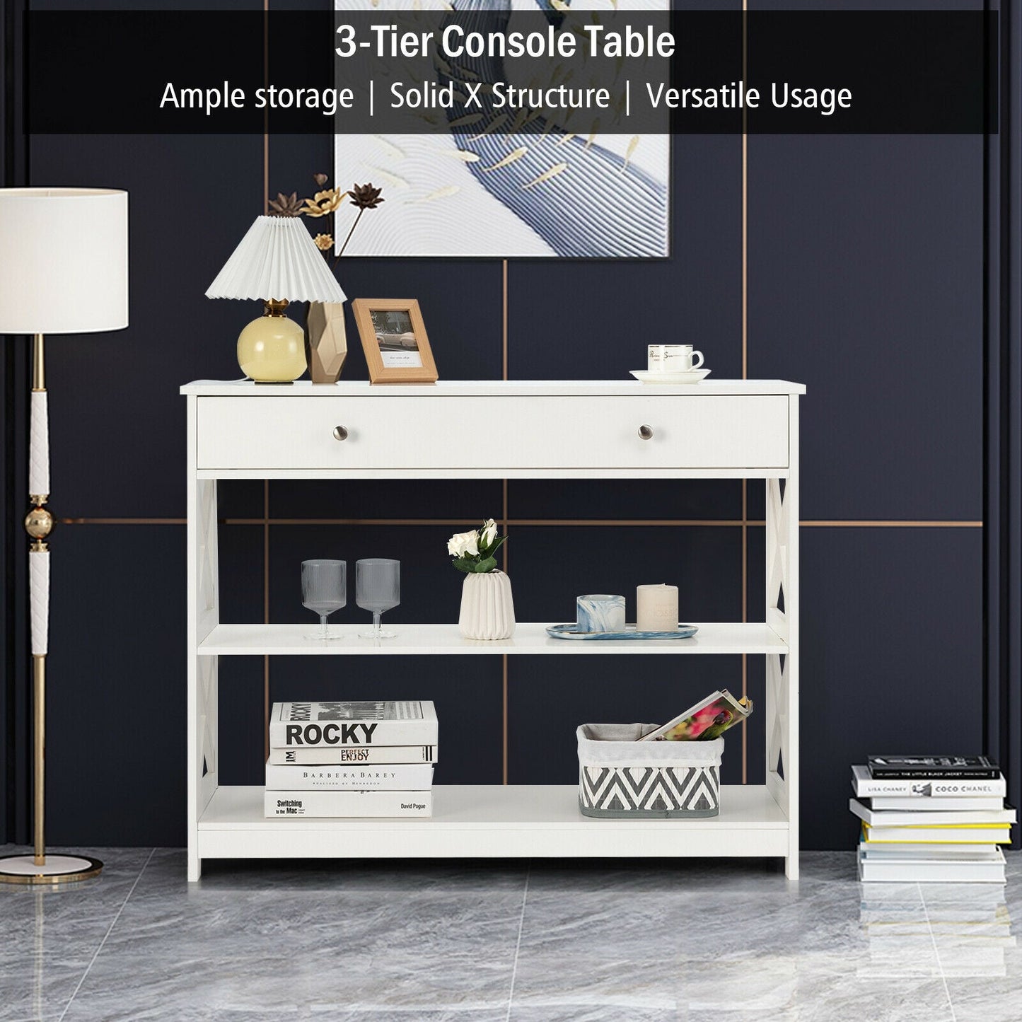 3-Tier Console Table with Drawers for Living Room Entryway-White, assembled