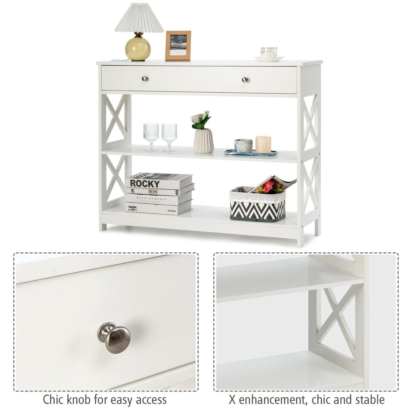 3-Tier Console Table with Drawers for Living Room Entryway-White, assembled