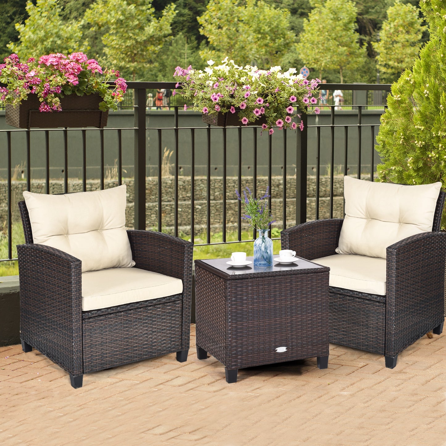 3 Pieces Patio Rattan Furniture Set with 4 Removable Cushions - Tan (Fully Assembled)