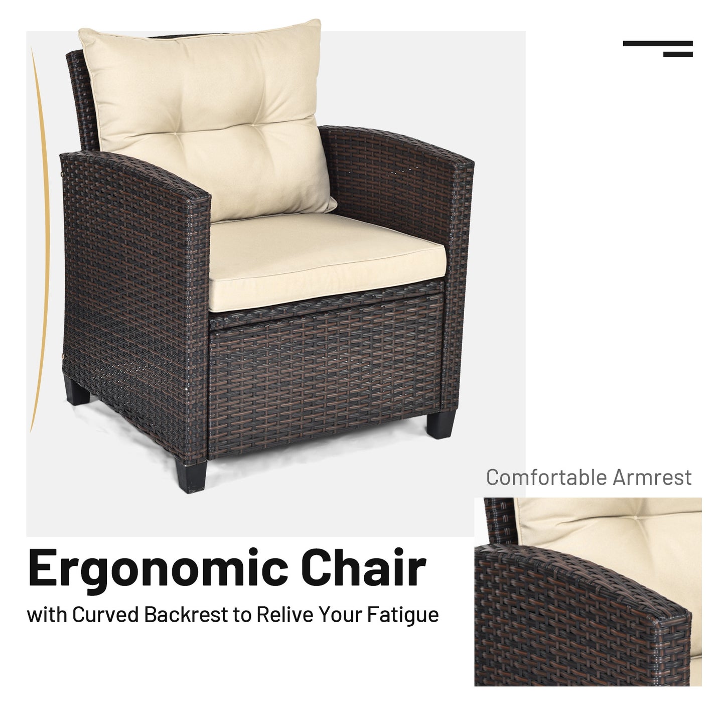 3 Pieces Patio Rattan Furniture Set with 4 Removable Cushions - Tan (Fully Assembled)