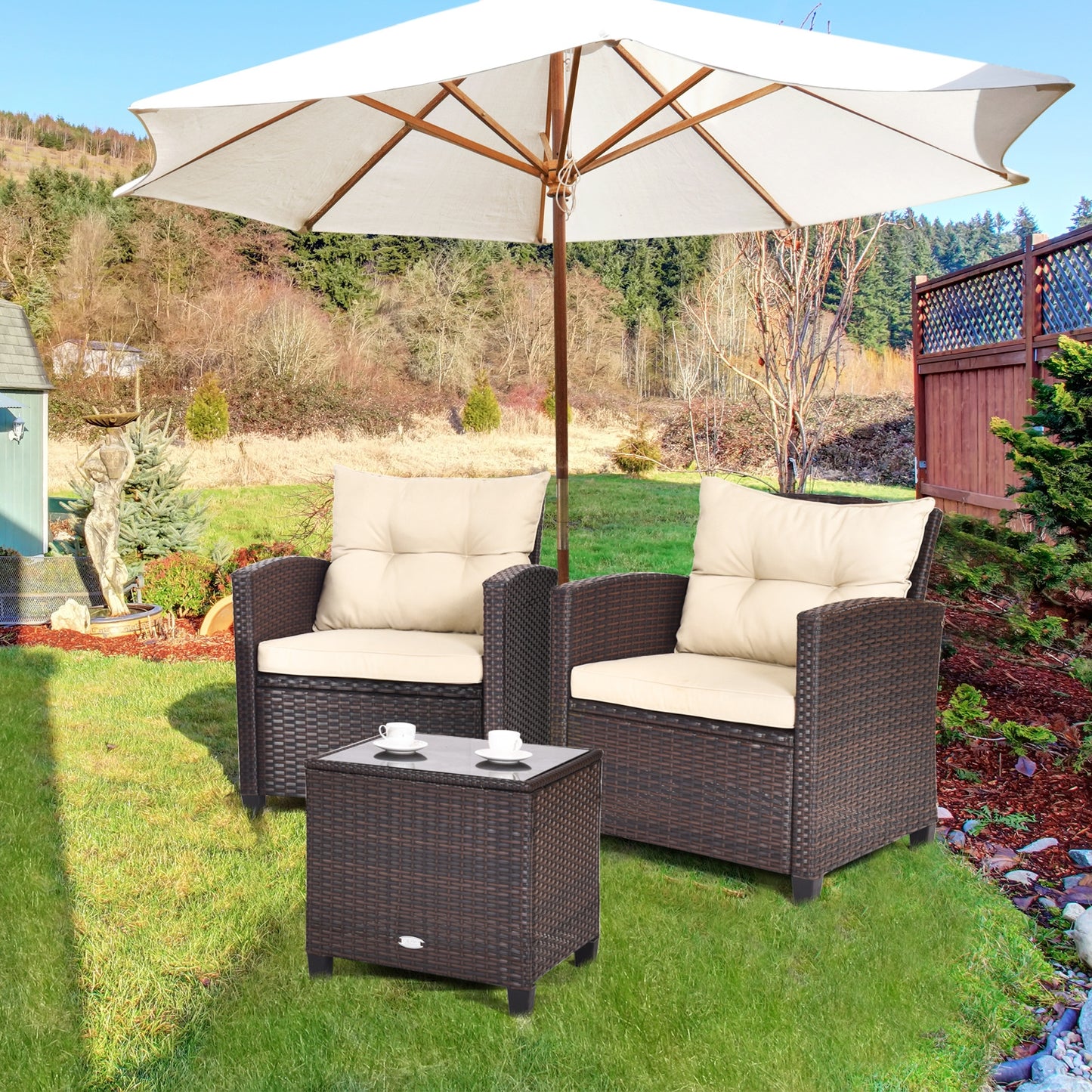 3 Pieces Patio Rattan Furniture Set with 4 Removable Cushions - Tan (Fully Assembled)