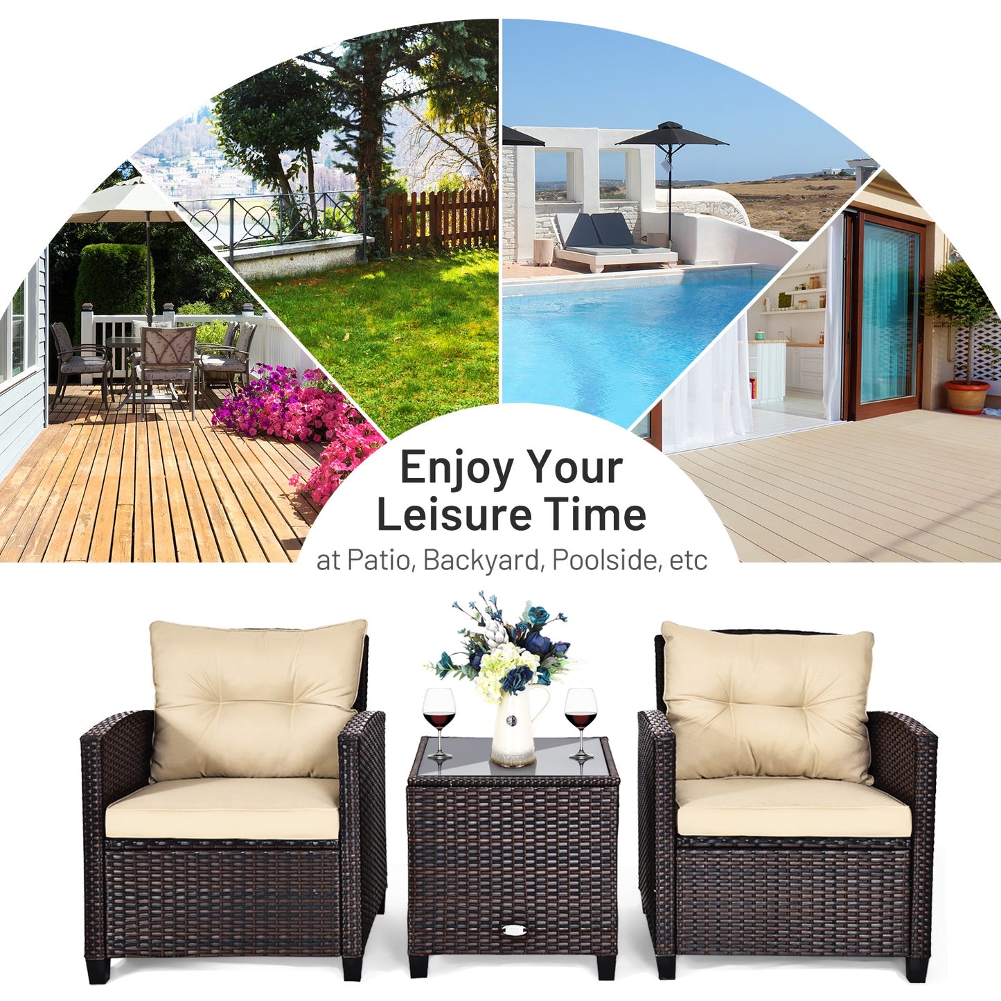 3 Pieces Patio Rattan Furniture Set with 4 Removable Cushions - Tan (Fully Assembled)