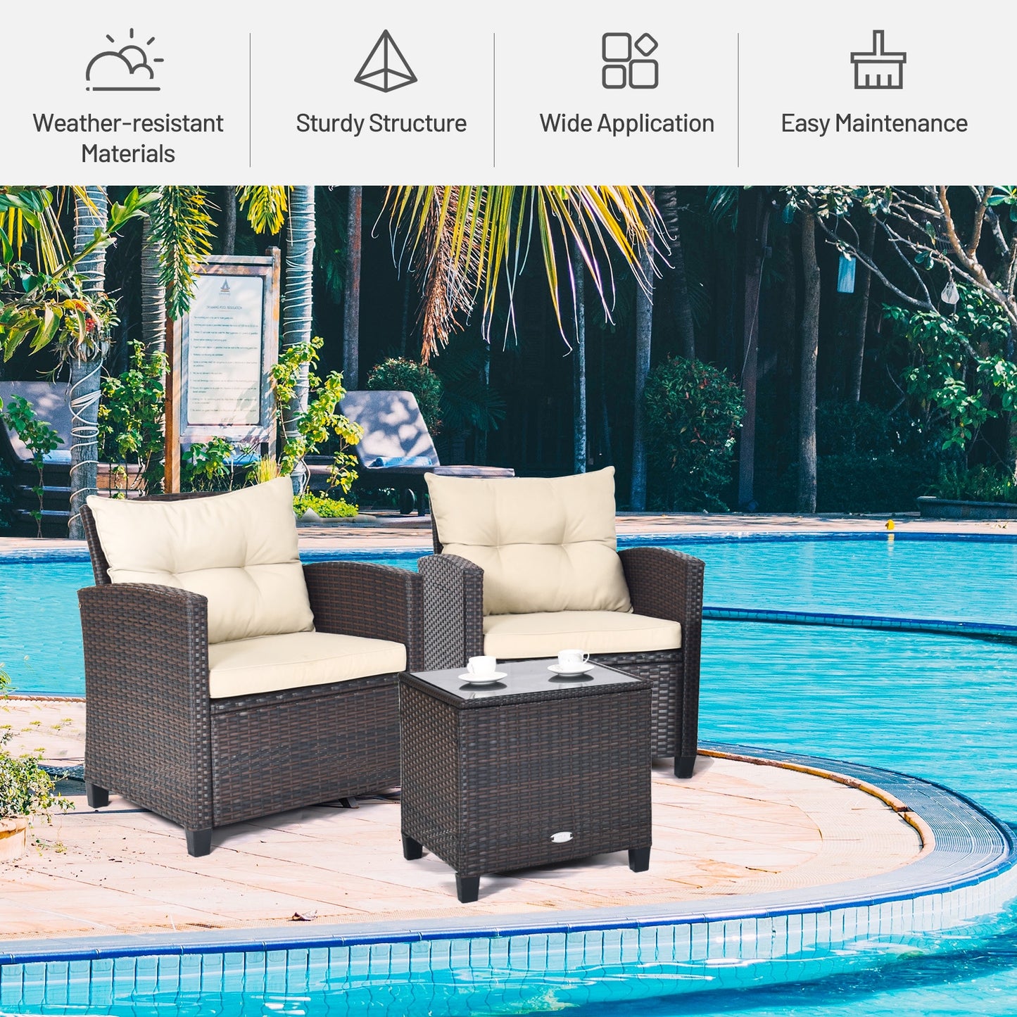 3 Pieces Patio Rattan Furniture Set with 4 Removable Cushions - Tan (Fully Assembled)