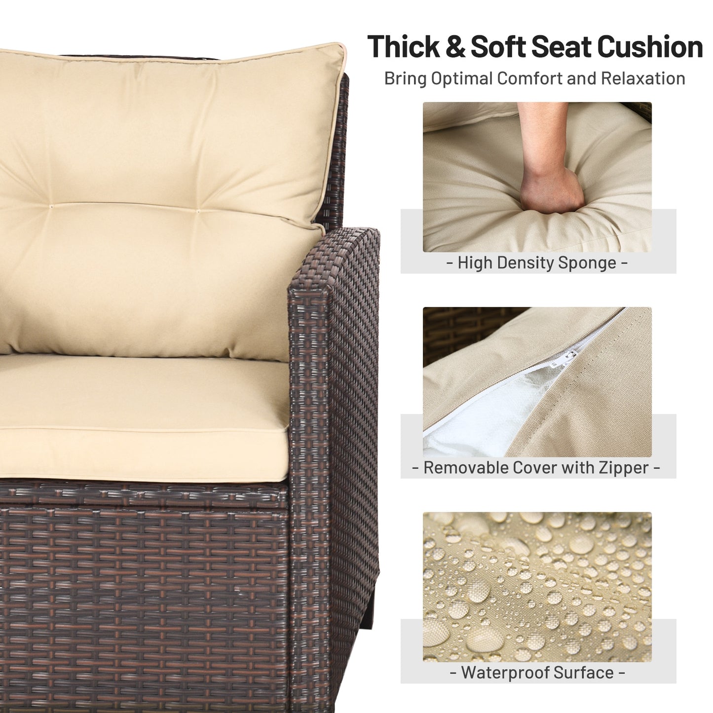 3 Pieces Patio Rattan Furniture Set with 4 Removable Cushions - Tan (Fully Assembled)