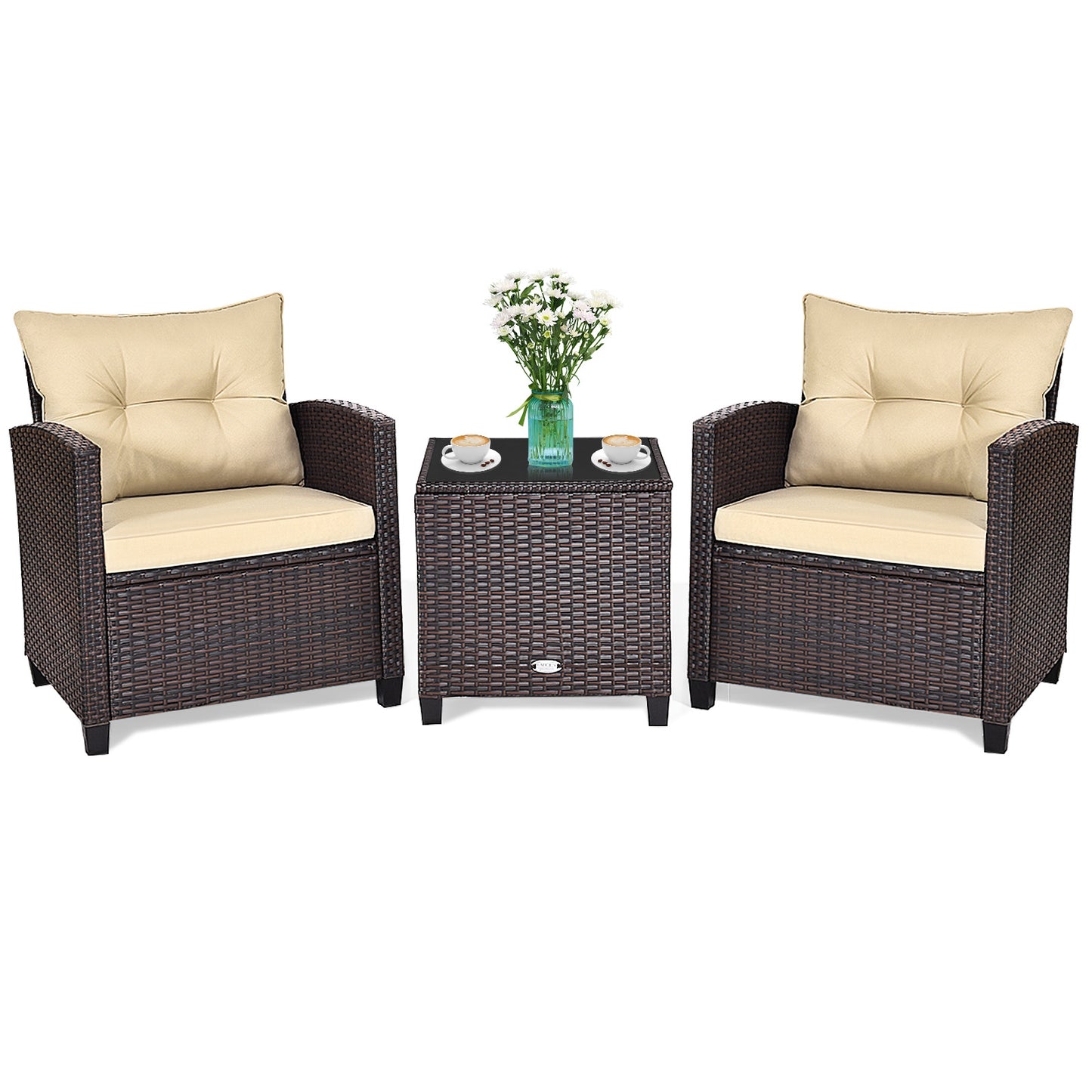 3 Pieces Patio Rattan Furniture Set with 4 Removable Cushions - Tan (Fully Assembled)