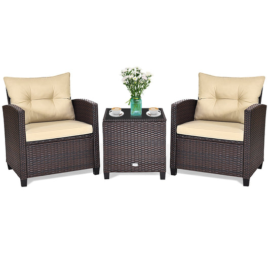 3 Pieces Patio Rattan Furniture Set with 4 Removable Cushions - Tan (Fully Assembled)