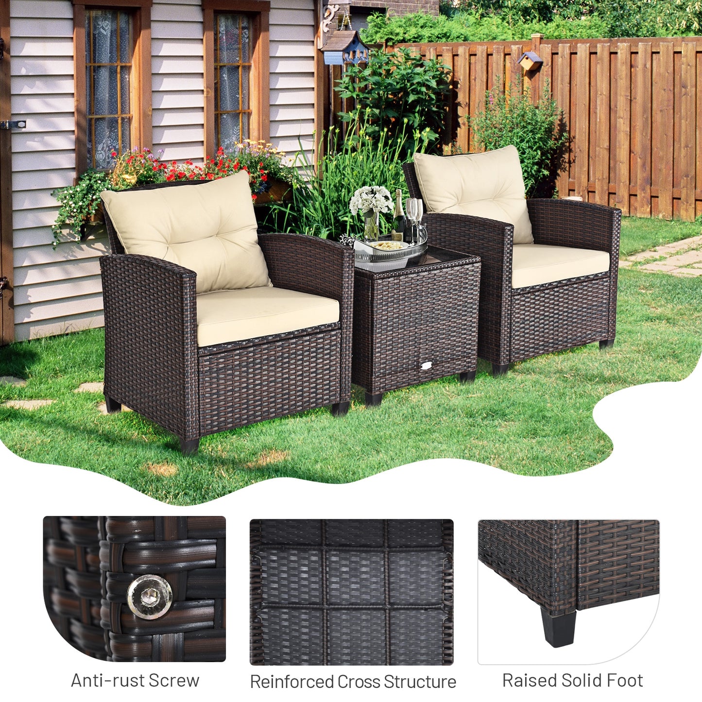 3 Pieces Patio Rattan Furniture Set with 4 Removable Cushions - Tan (Fully Assembled)
