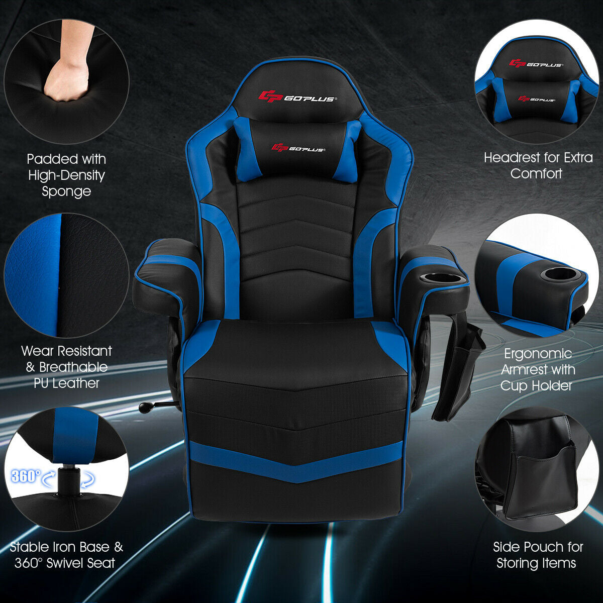 Ergonomic High Back Massage Gaming Chair with Pillow-Blue, Fully Assembled