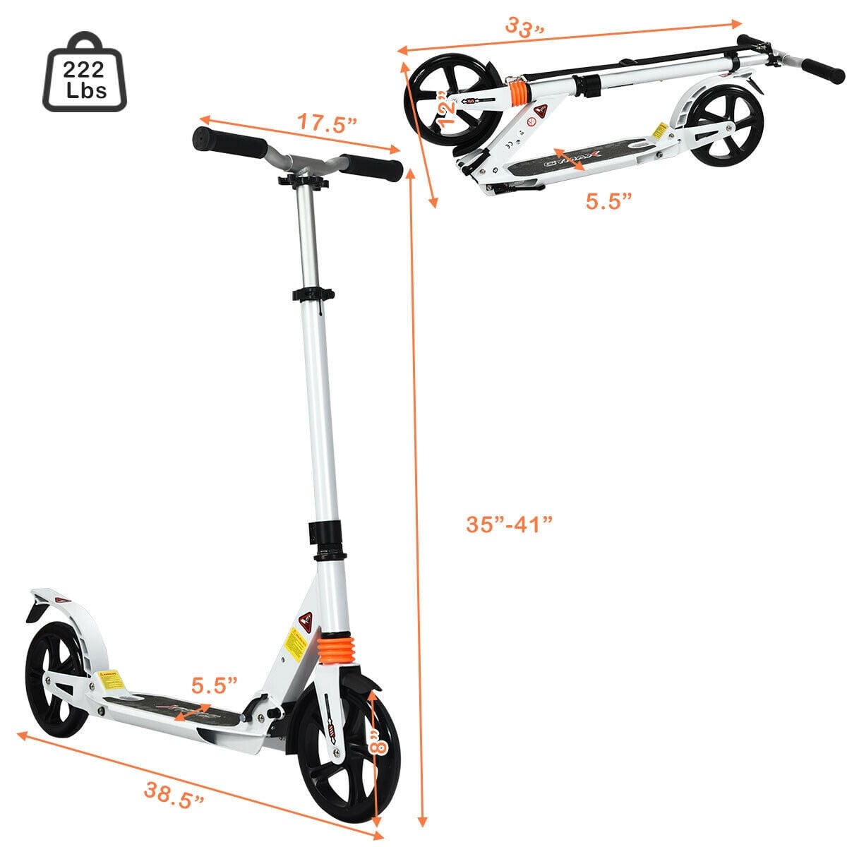 Folding Aluminium Adjustable Kick Scooter with Shoulder Strap-White