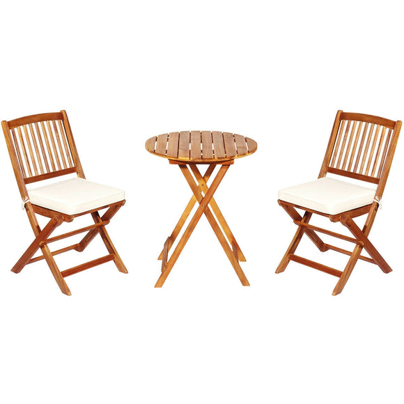 SPECIAL, NO TAX, 3 Pieces Patio Folding Wooden Bistro Set Cushioned Chair-White