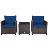 3 Pieces Cushioned Rattan Patio Conversation Set with Coffee Table-Navy - Fully Assembled