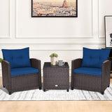 3 Pieces Cushioned Rattan Patio Conversation Set with Coffee Table-Navy - Fully Assembled