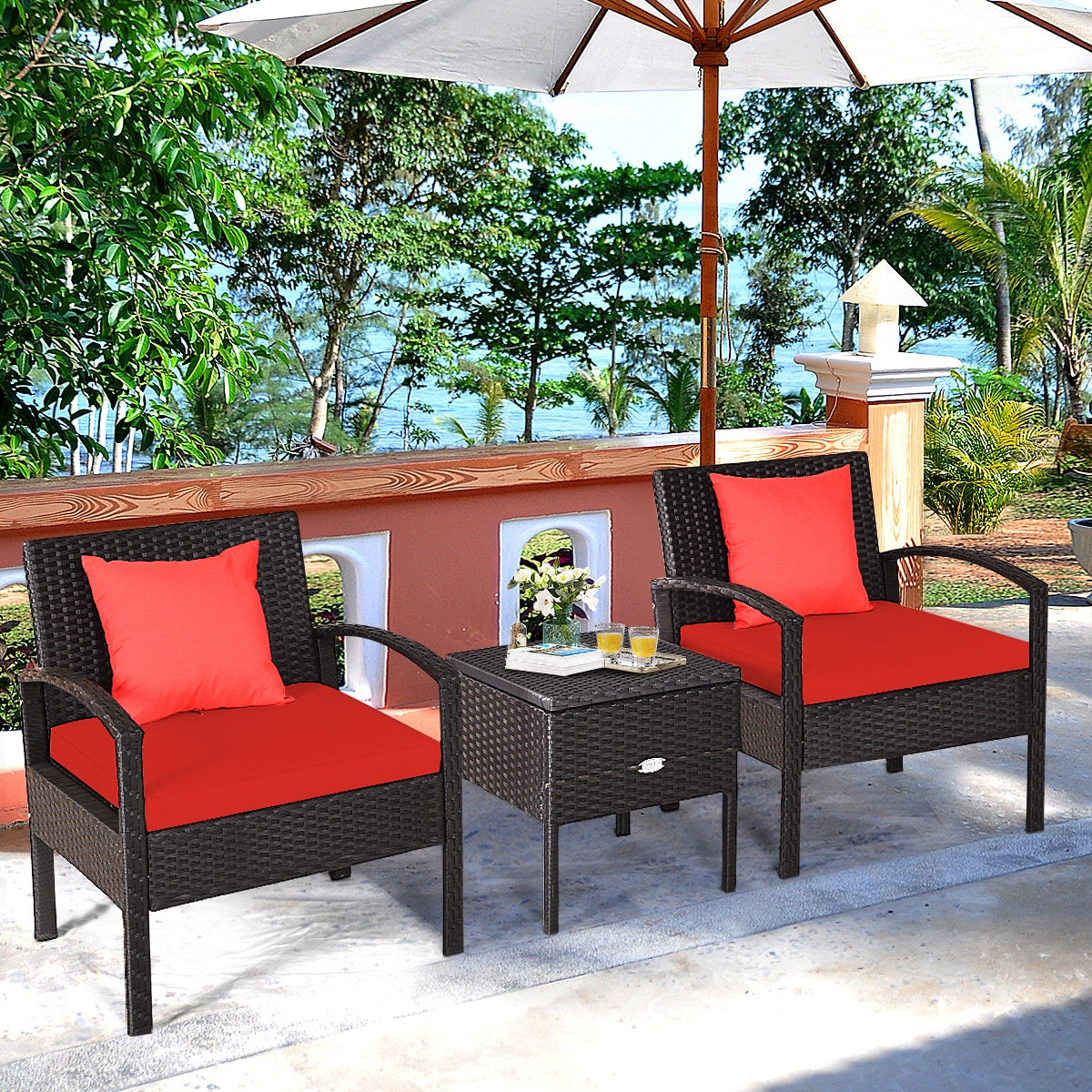 Small 3 Piece PE Rattan Wicker Sofa Set -Red, Fully Assembled