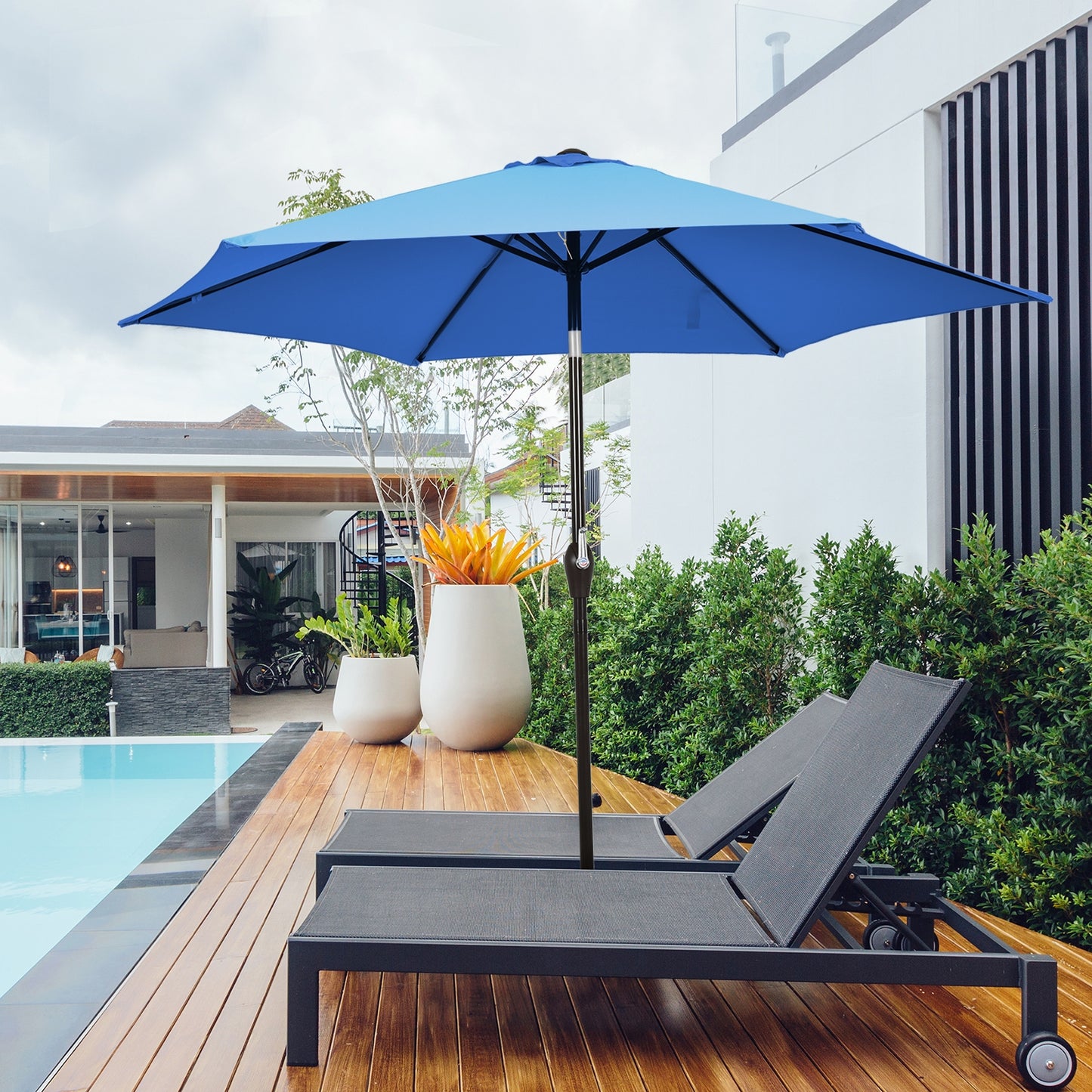 10' 6 Ribs Patio Umbrella with Crank without Weight Base-Blue