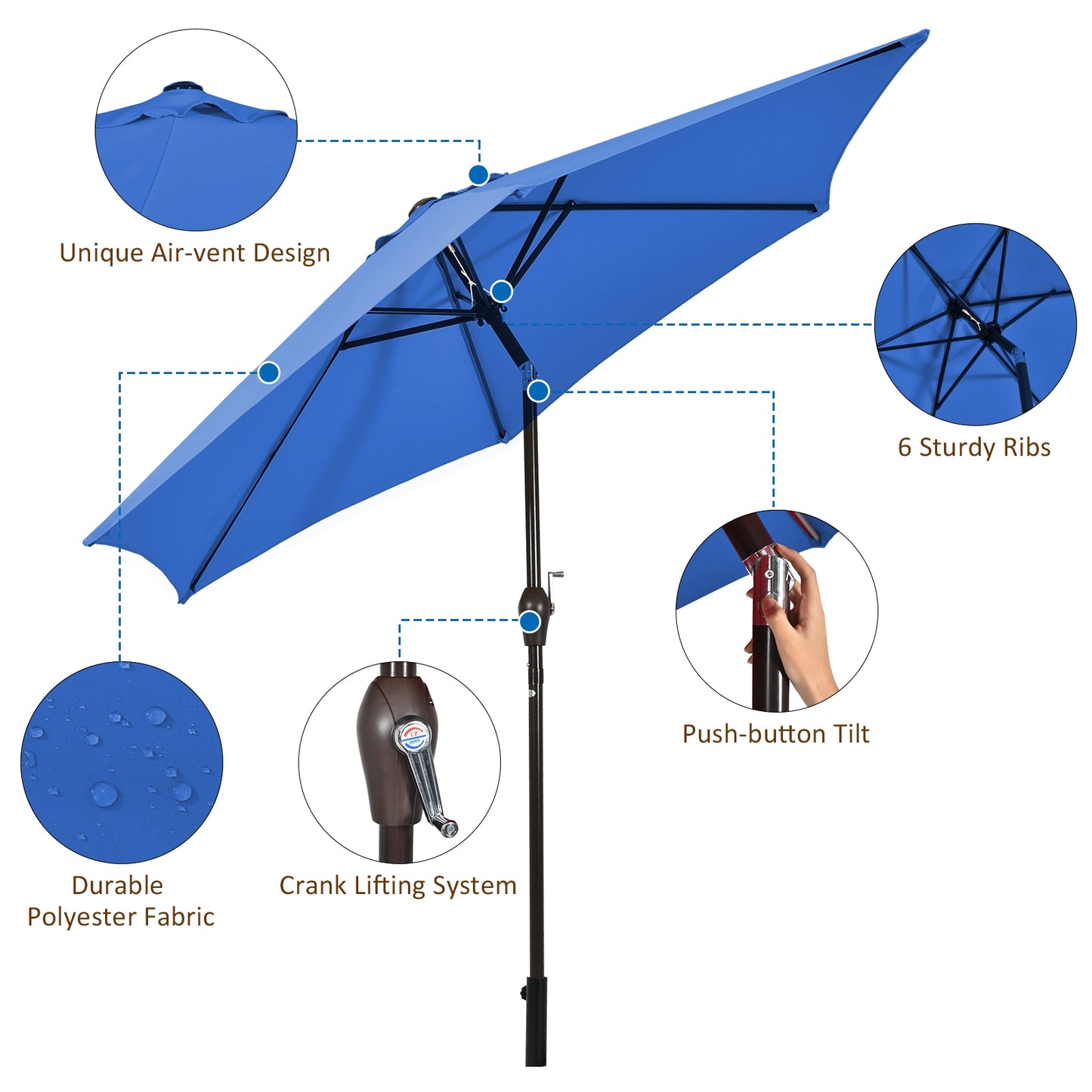 10' 6 Ribs Patio Umbrella with Crank without Weight Base-Blue