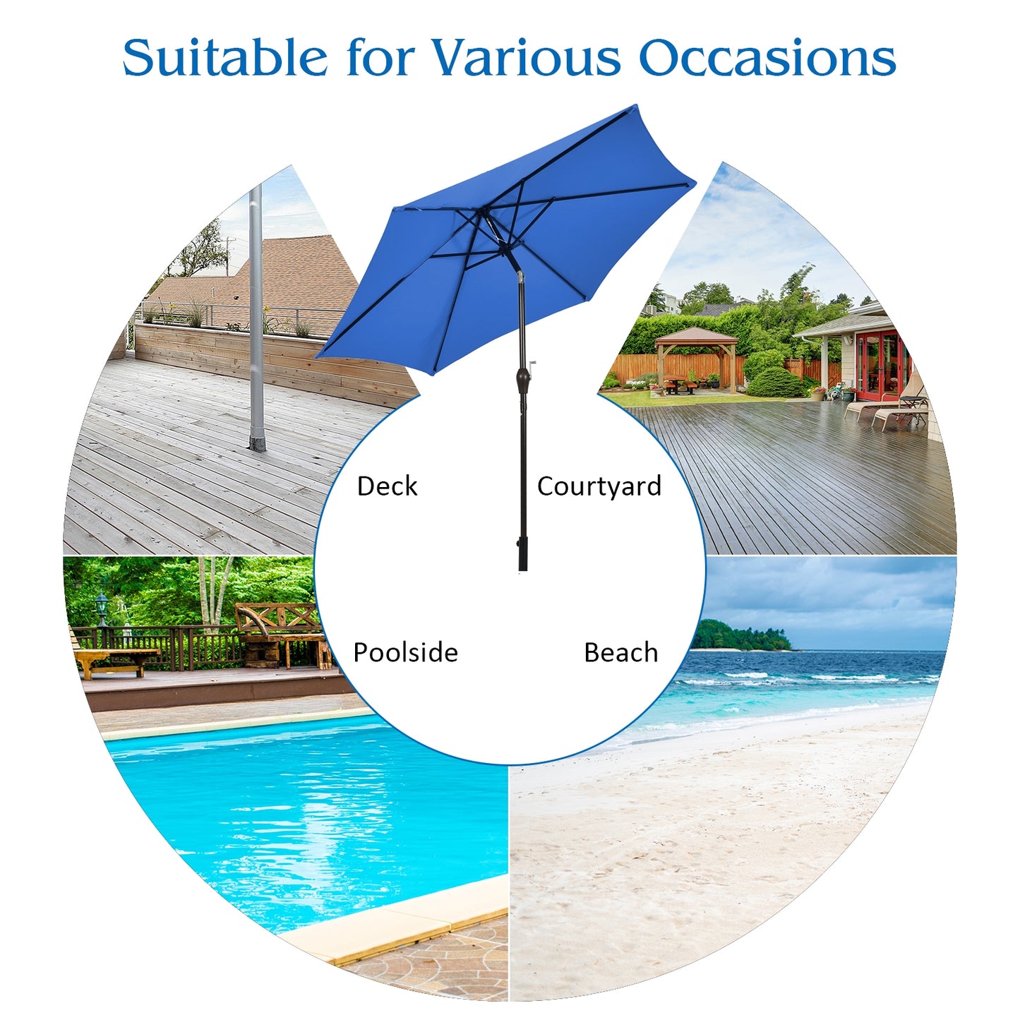 10' 6 Ribs Patio Umbrella with Crank without Weight Base-Blue