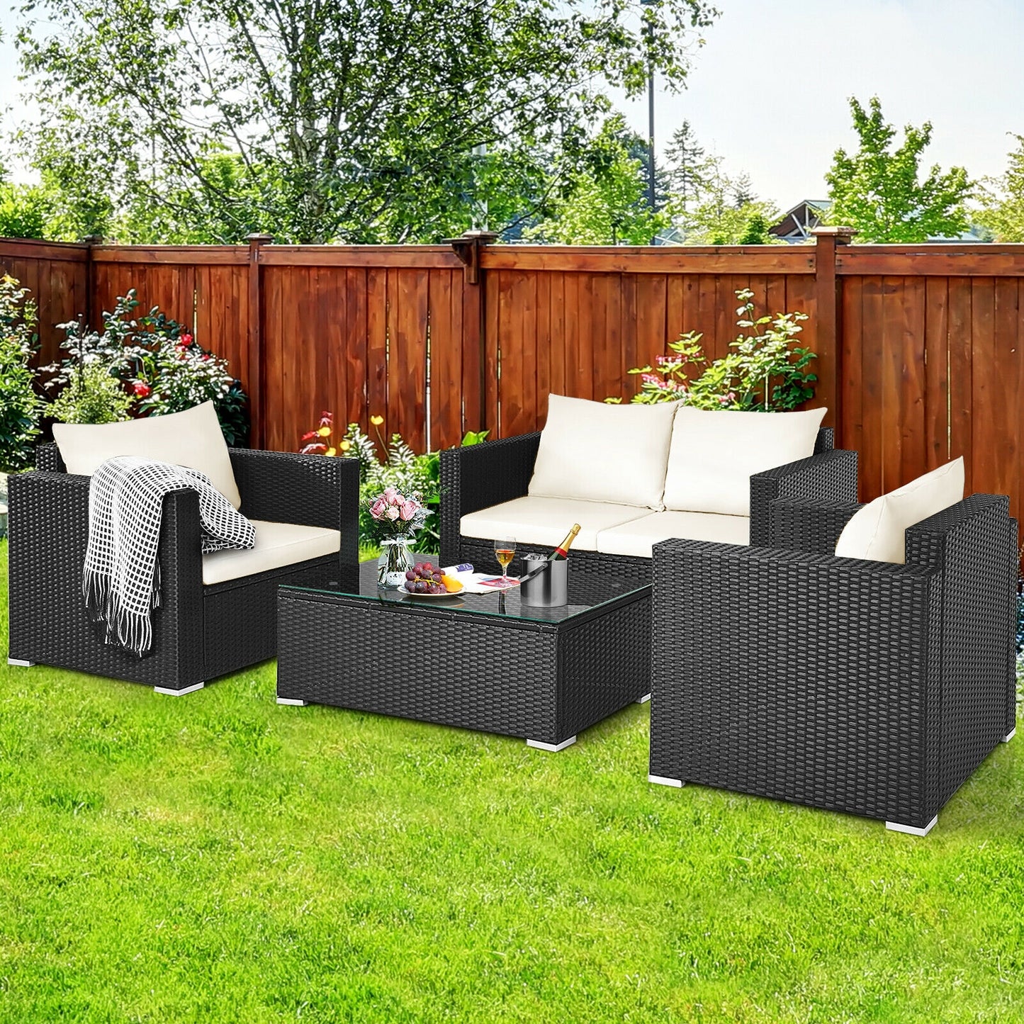 4 Pieces Patio Rattan Cushioned Furniture Set-White (Fully Assembled)