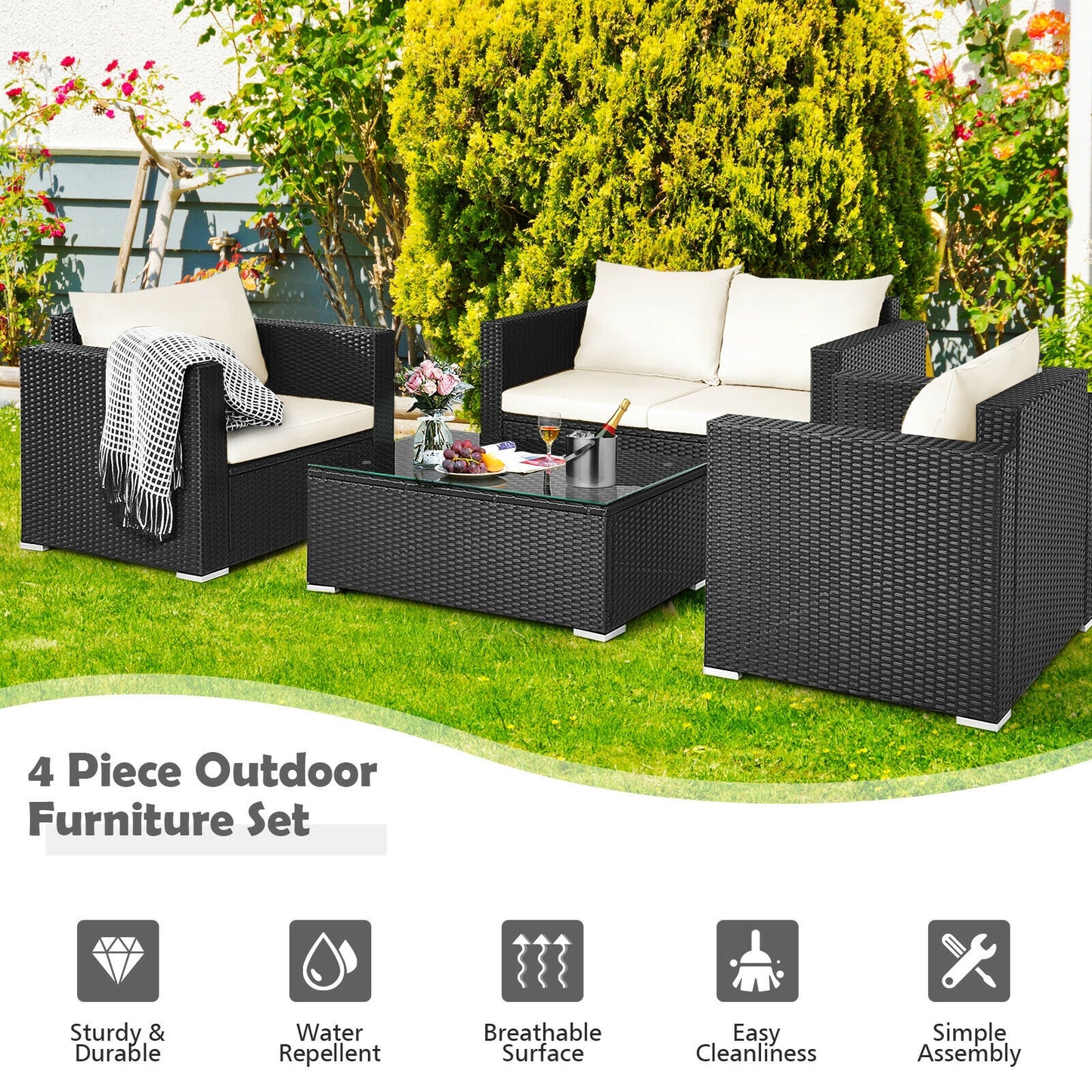 4 Pieces Patio Rattan Cushioned Furniture Set-White (Fully Assembled)