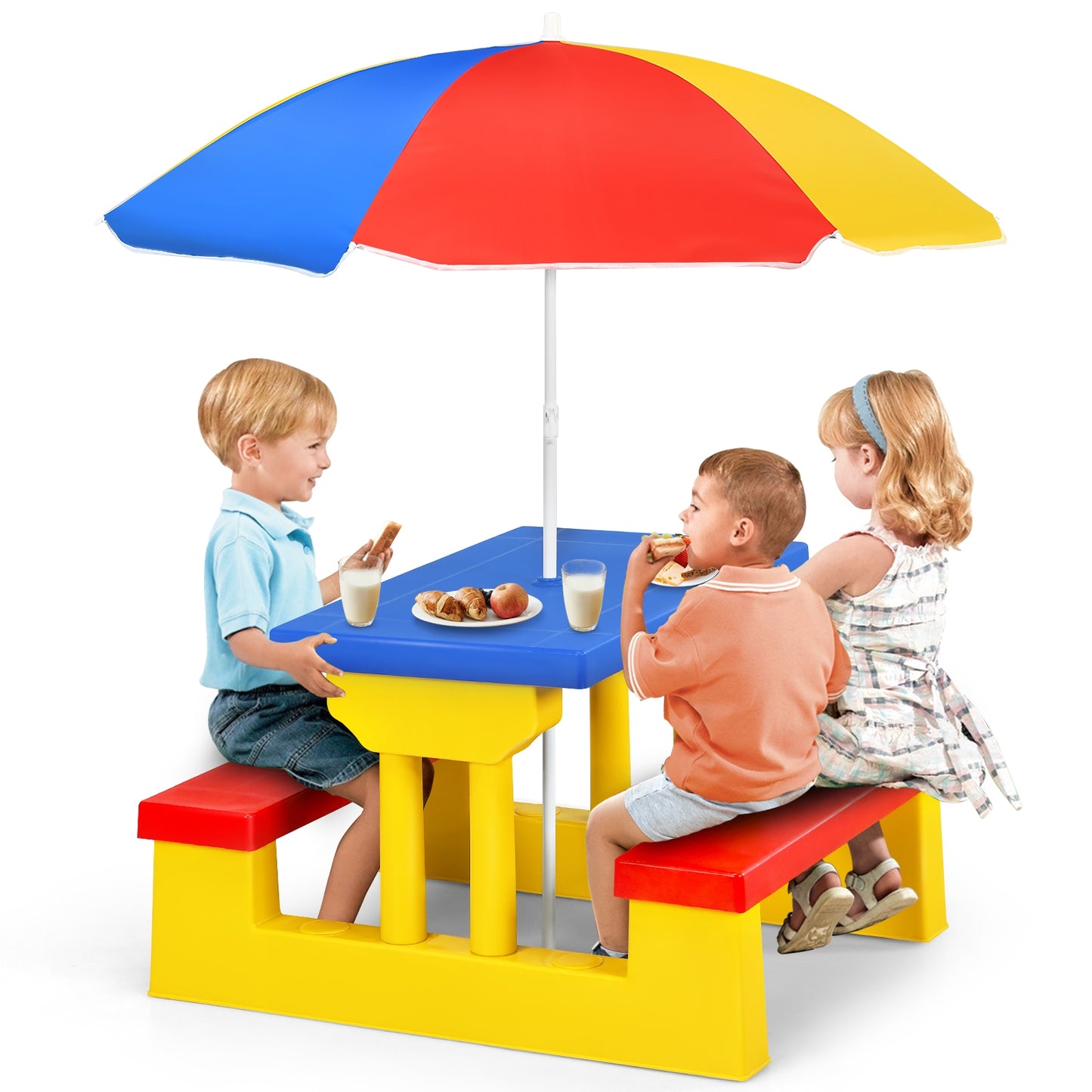Kids Picnic Folding Table and Bench Set with Umbrella-Yellow scratch & dent