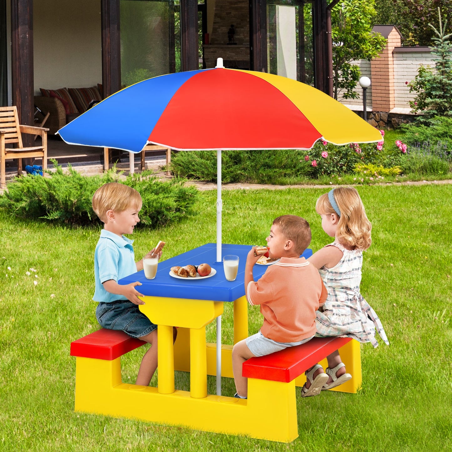 Kids Picnic Folding Table and Bench Set with Umbrella-Yellow scratch & dent