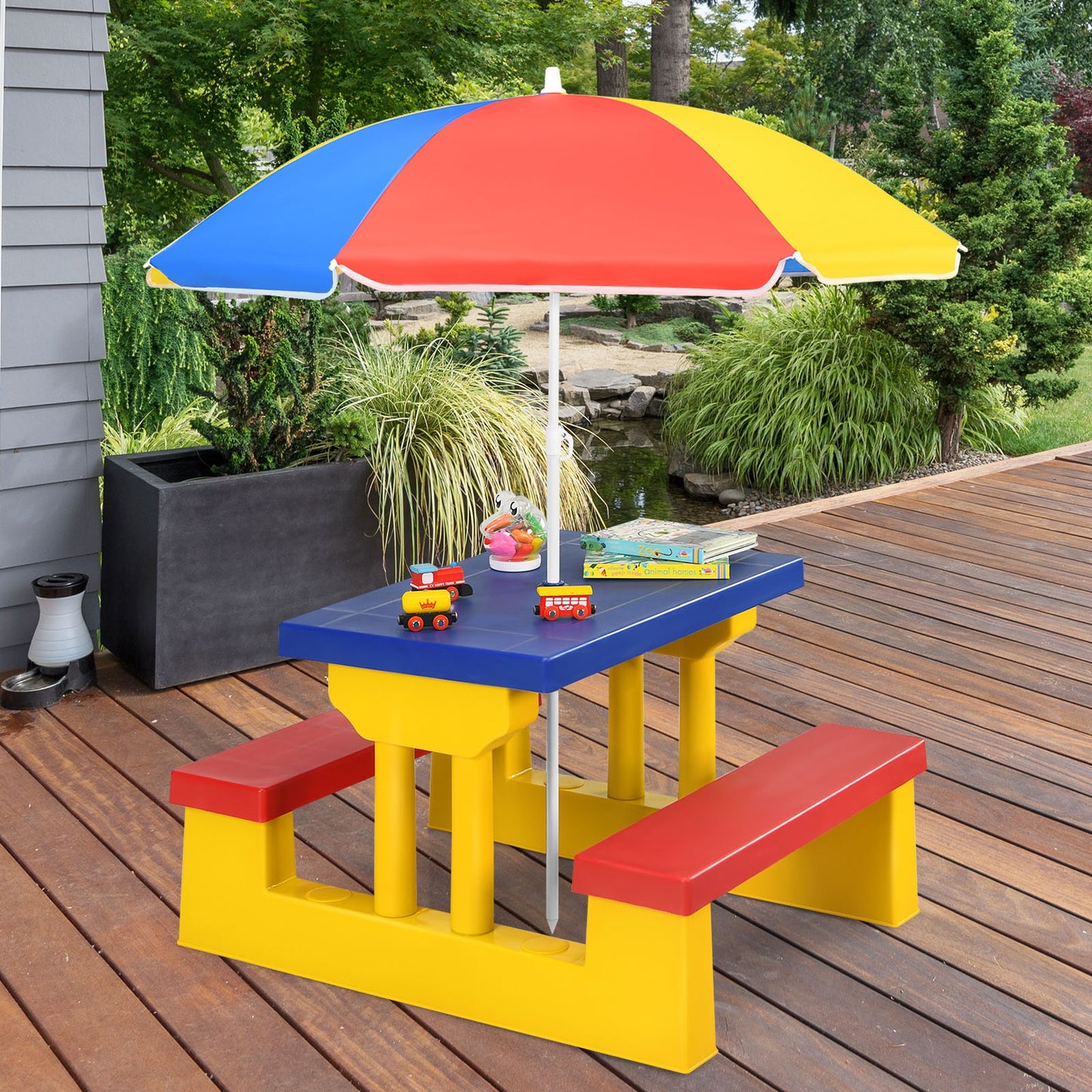 Kids Picnic Folding Table and Bench Set with Umbrella-Yellow scratch & dent