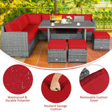 7 Pieces Patio Rattan Dining Furniture Sectional Sofa Set with Wicker Ottoman-Red/Black