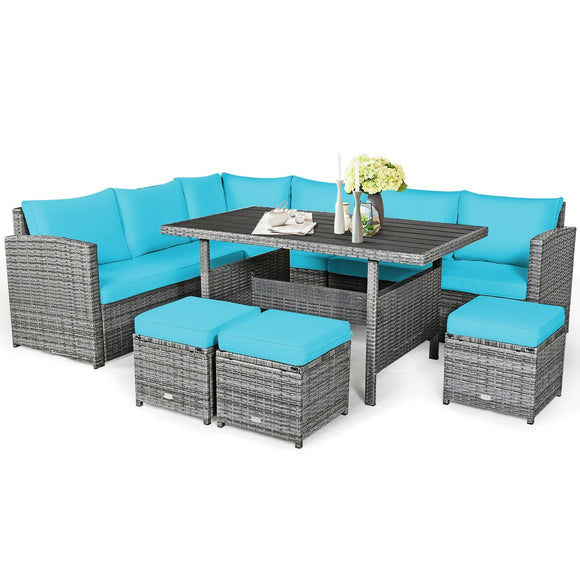 Fully Assembled, 7 Pieces Patio Rattan Dining Furniture Sectional Sofa Set with Wicker Ottoman-Turquoise