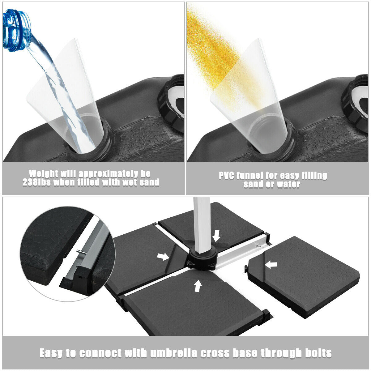 4 Pieces Square Fillable Patio Umbrella Base Set with Handle