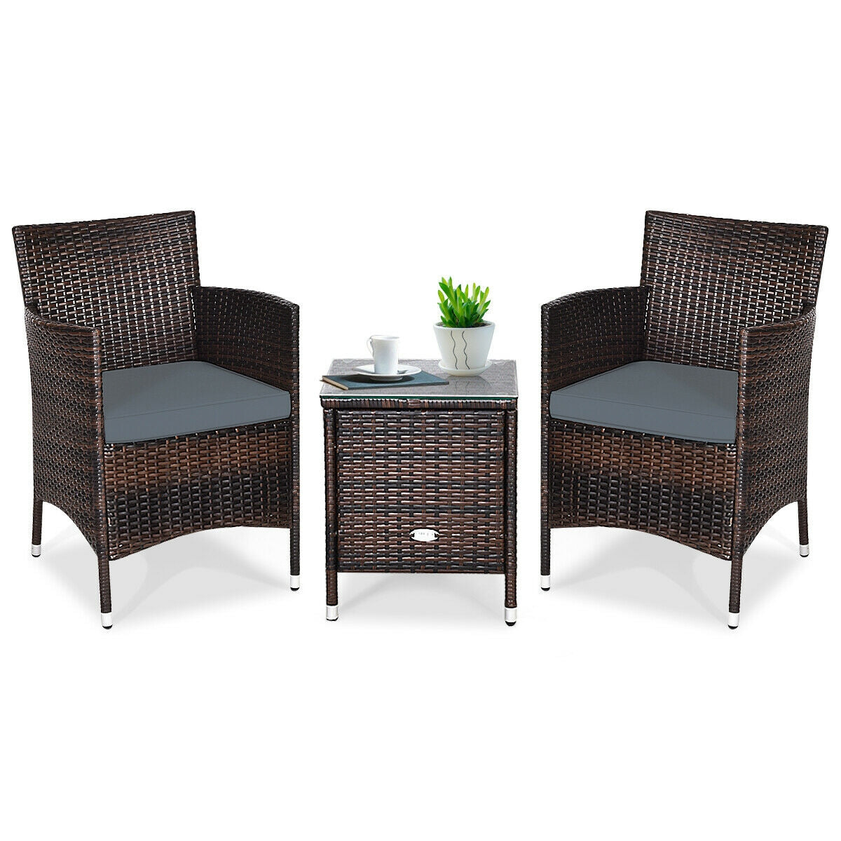 3 Pieces Patio Furniture Set Outdoor Wicker Rattan Set-Gray   - Assembled