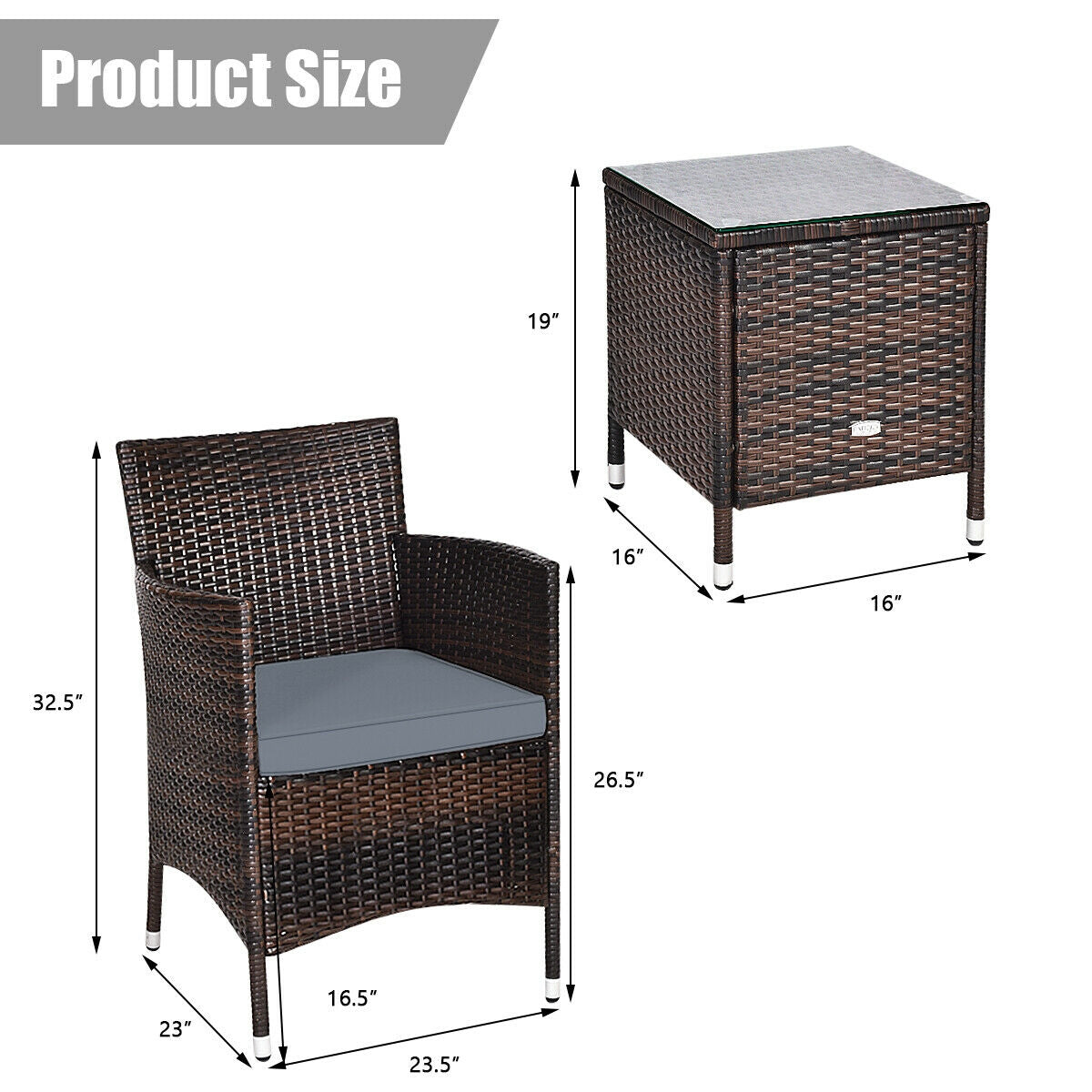 3 Pieces Patio Furniture Set Outdoor Wicker Rattan Set-Gray   - Assembled