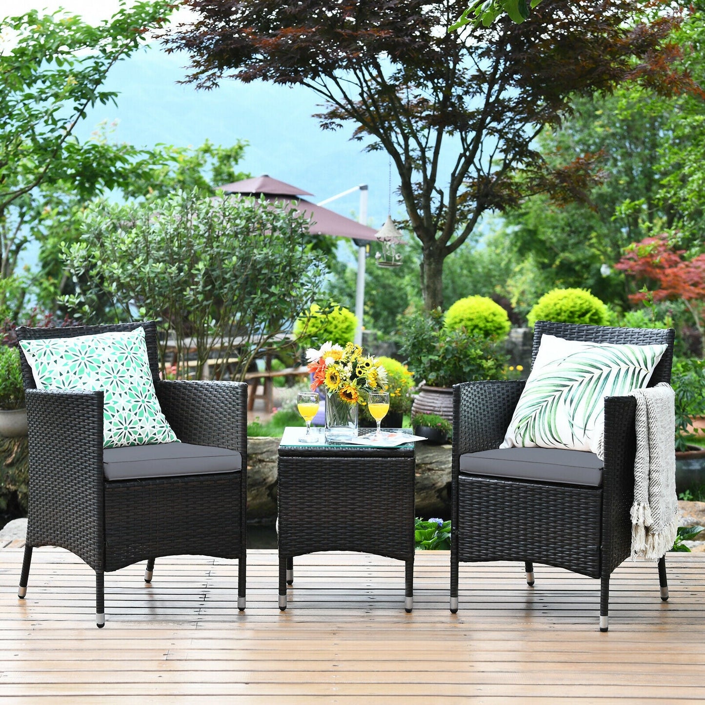 3 Pieces Patio Furniture Set Outdoor Wicker Rattan Set-Gray   - Assembled