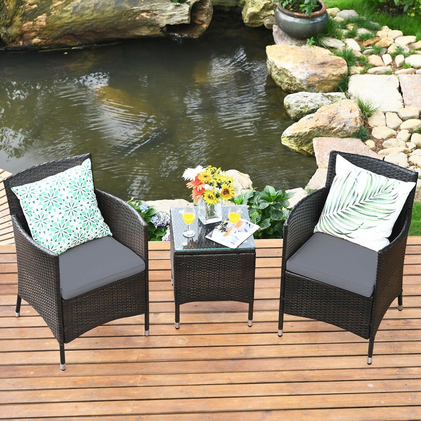 3 Pieces Patio Furniture Set Outdoor Wicker Rattan Set-Gray   - Assembled