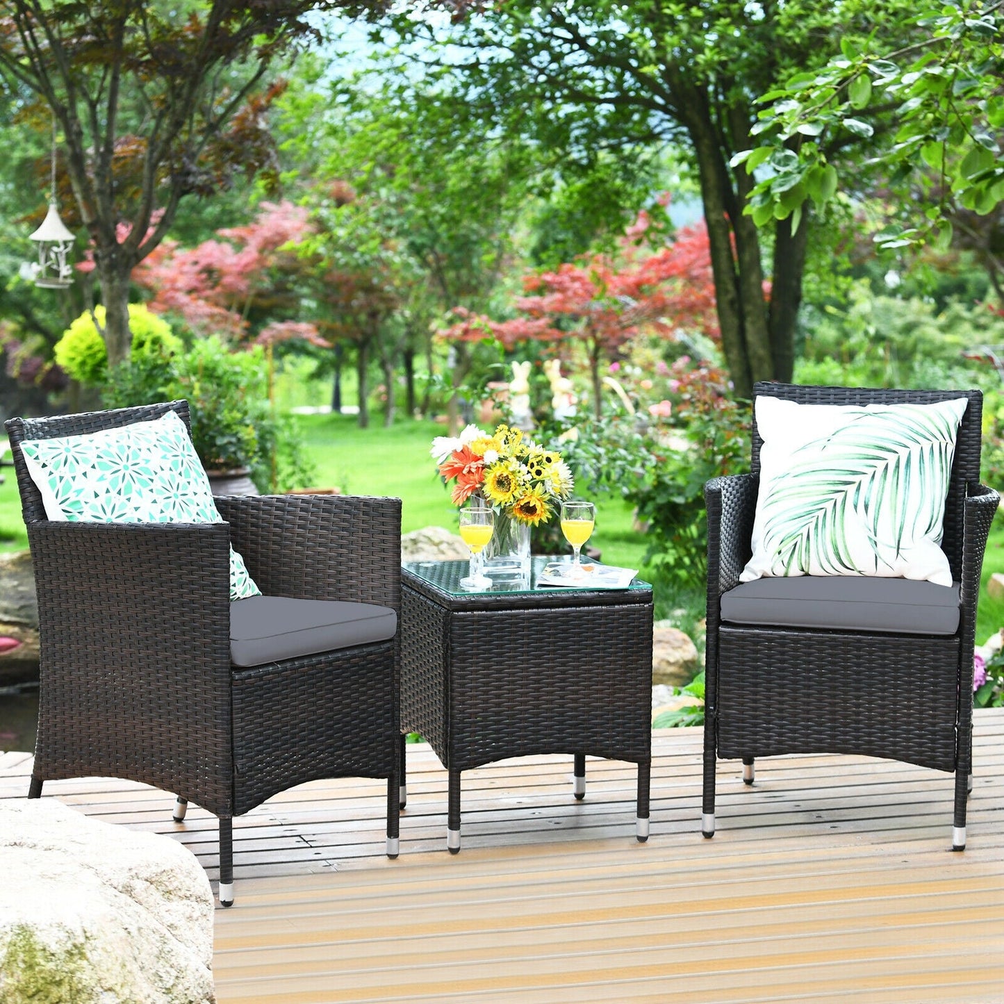 3 Pieces Patio Furniture Set Outdoor Wicker Rattan Set-Gray   - Assembled