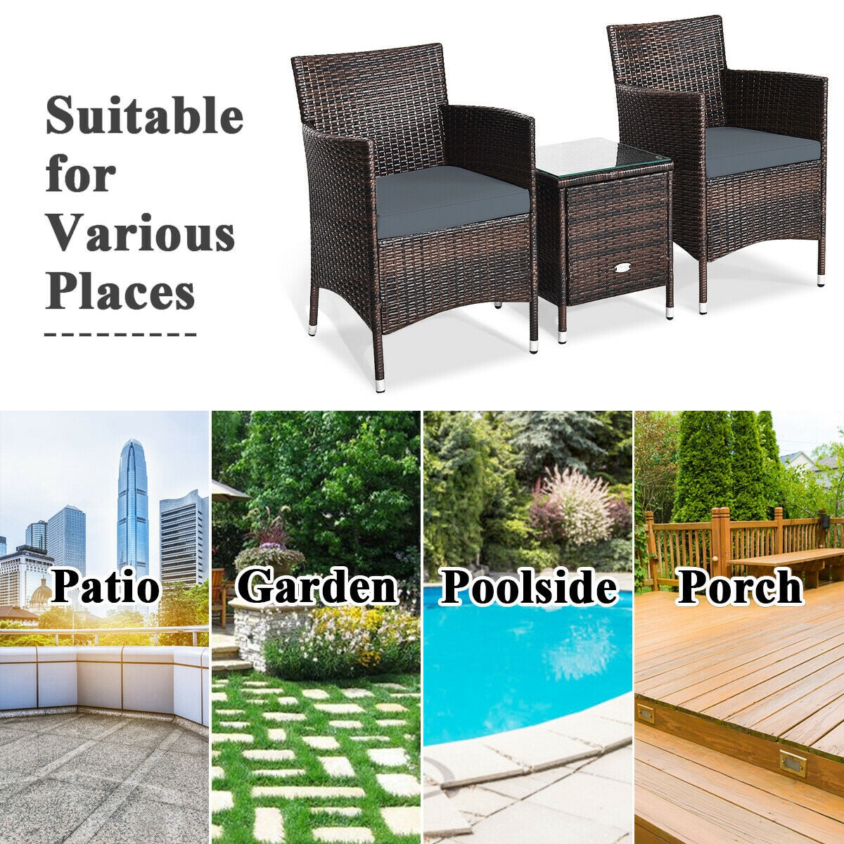 3 Pieces Patio Furniture Set Outdoor Wicker Rattan Set-Gray   - Assembled