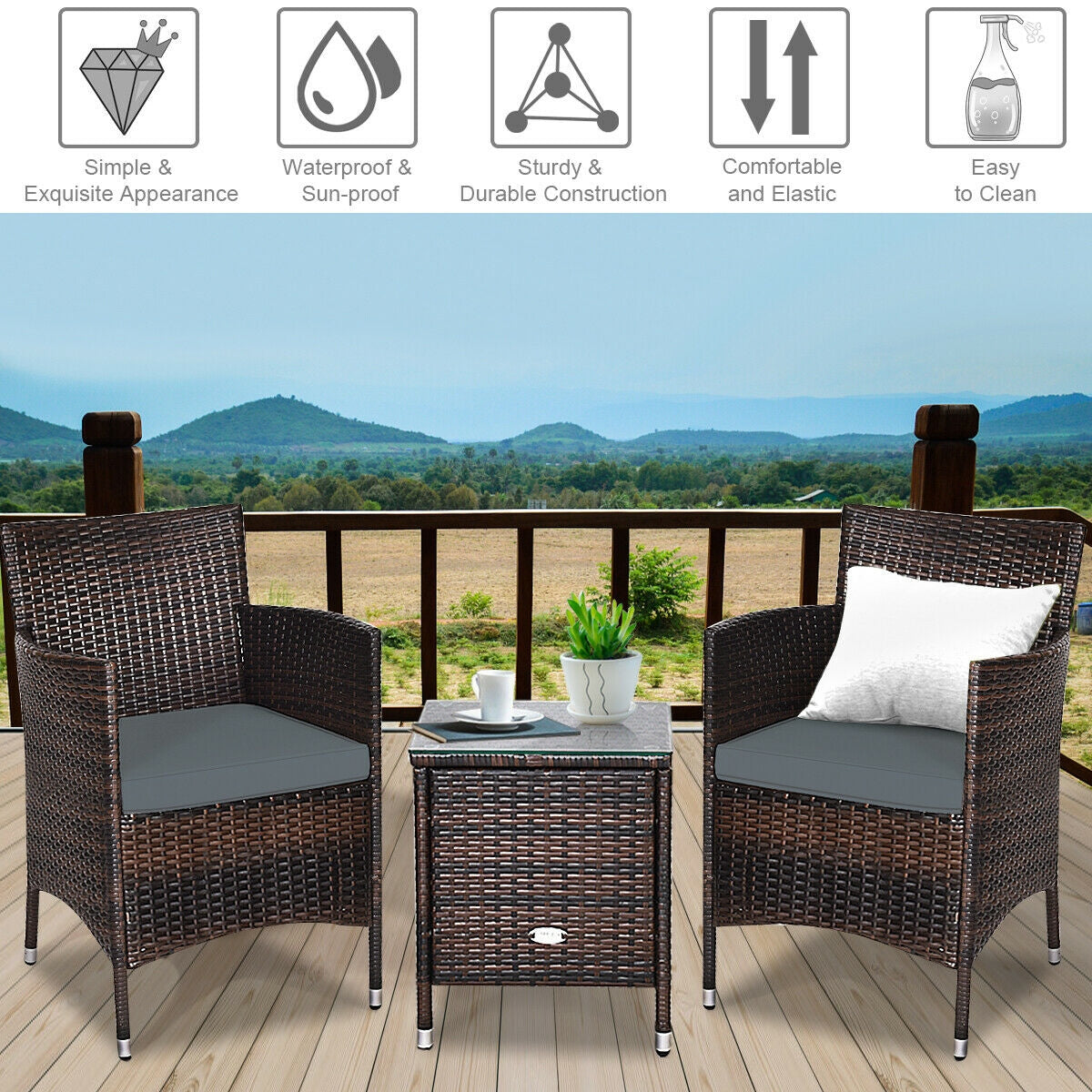 3 Pieces Patio Furniture Set Outdoor Wicker Rattan Set-Gray   - Assembled