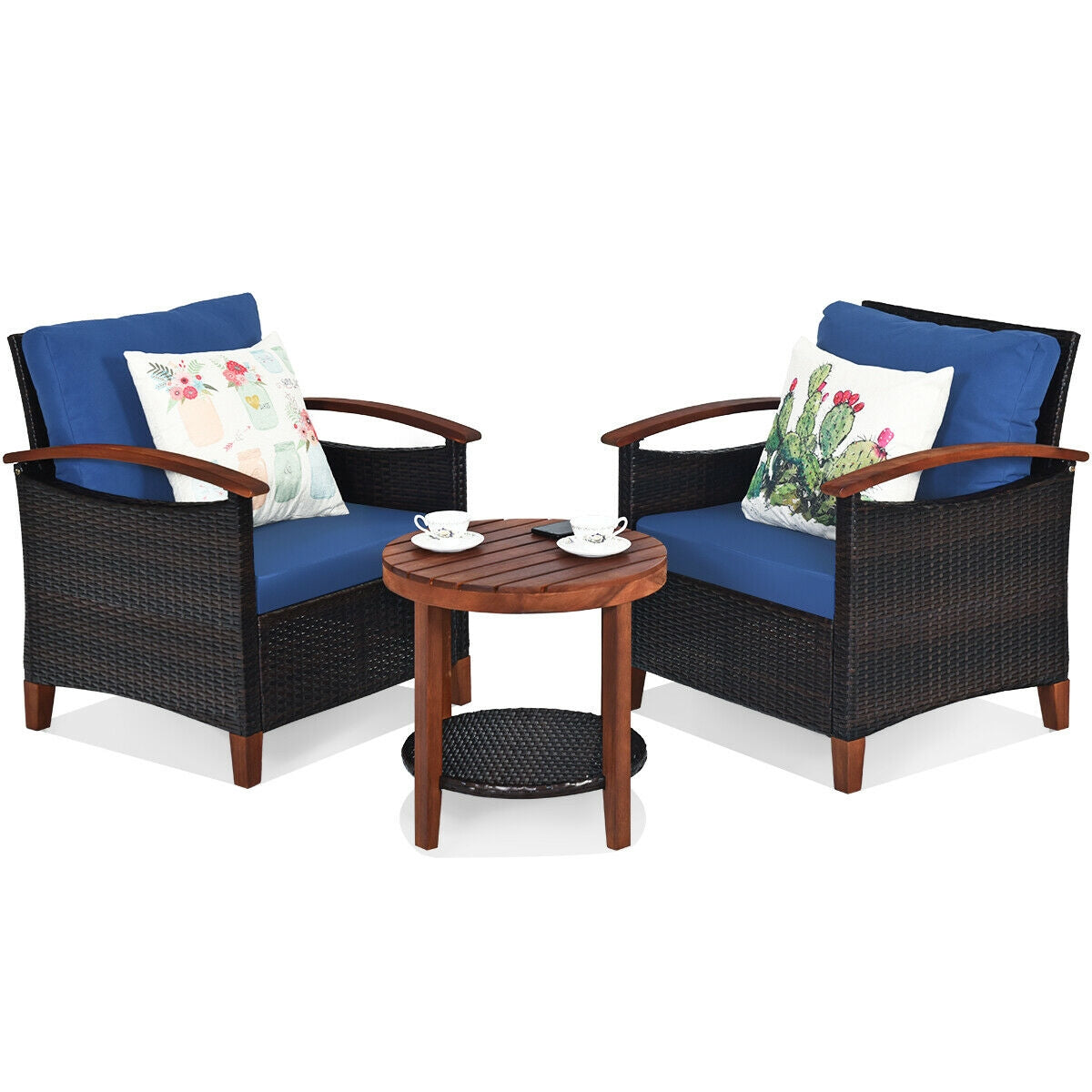 3 Pcs Solid Wood Frame Patio Rattan Furniture Set-Blue  (Fully Assembled)