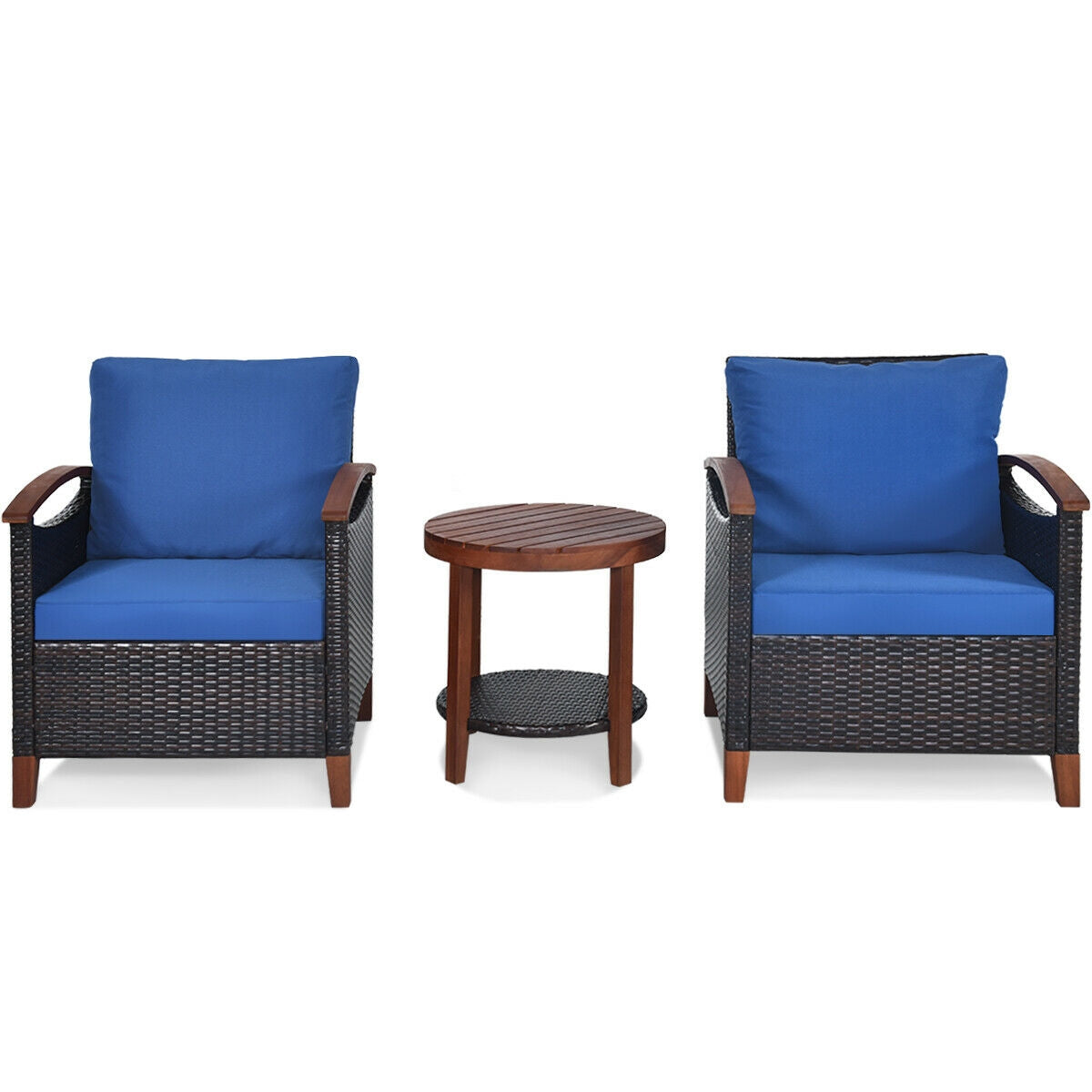 3 Pcs Solid Wood Frame Patio Rattan Furniture Set-Blue  (Fully Assembled)