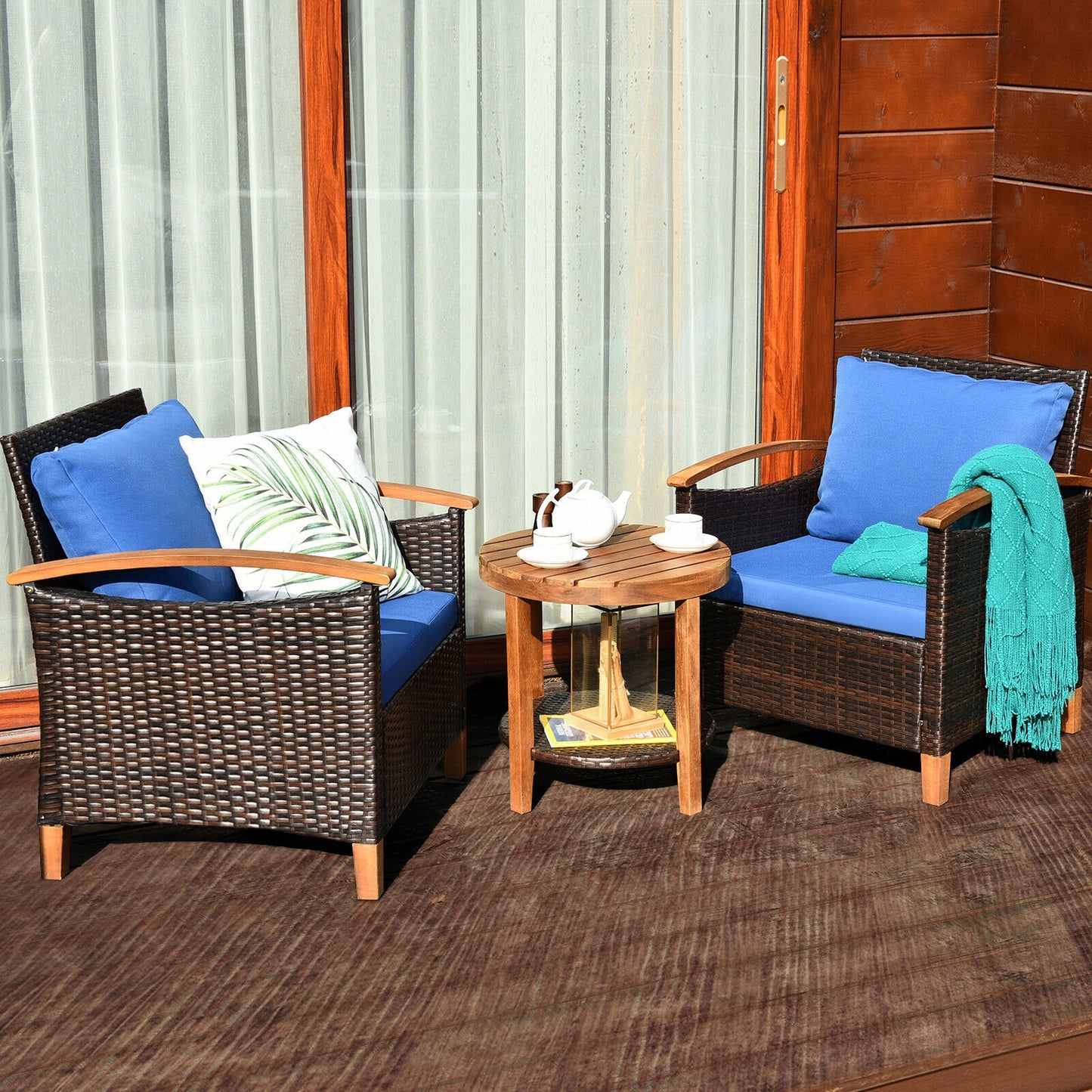 3 Pcs Solid Wood Frame Patio Rattan Furniture Set-Blue  (Fully Assembled)