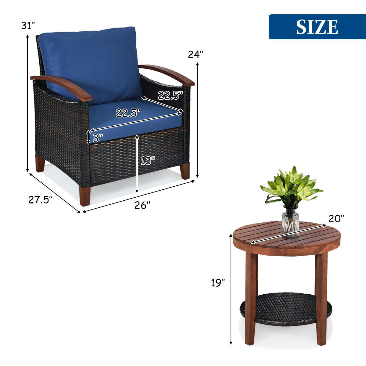 3 Pcs Solid Wood Frame Patio Rattan Furniture Set-Blue  (Fully Assembled)