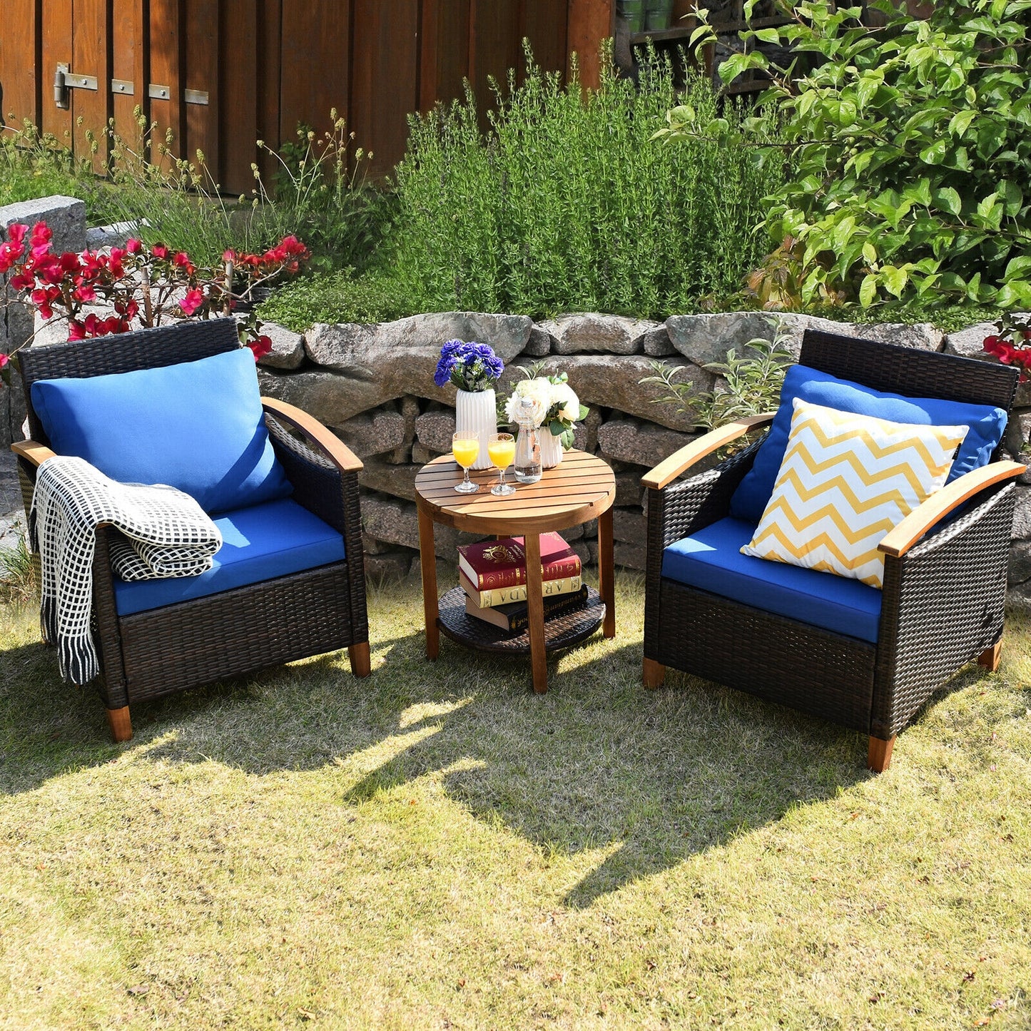 3 Pcs Solid Wood Frame Patio Rattan Furniture Set-Blue  (Fully Assembled)