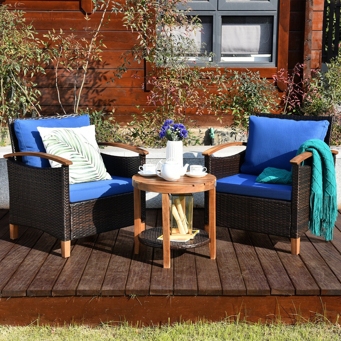 3 Pcs Solid Wood Frame Patio Rattan Furniture Set-Blue  (Fully Assembled)