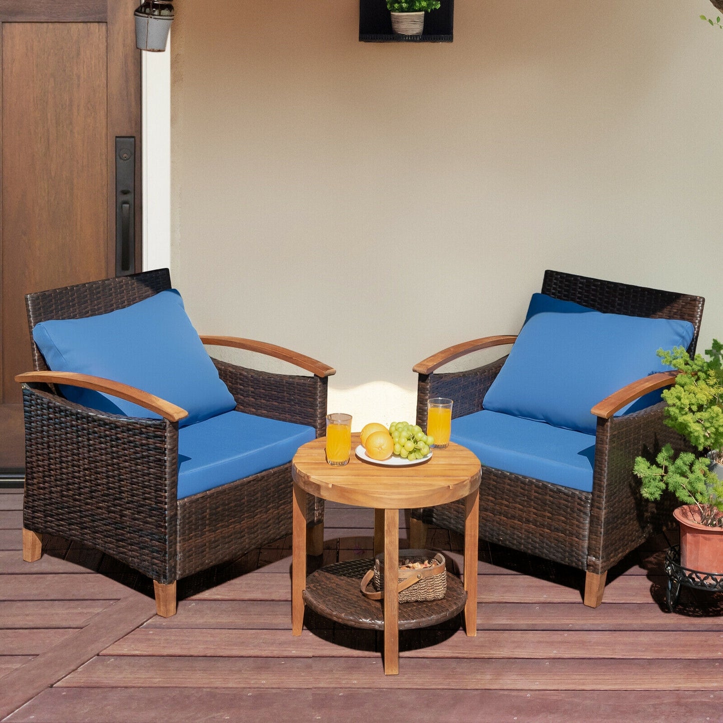 3 Pcs Solid Wood Frame Patio Rattan Furniture Set-Blue  (Fully Assembled)