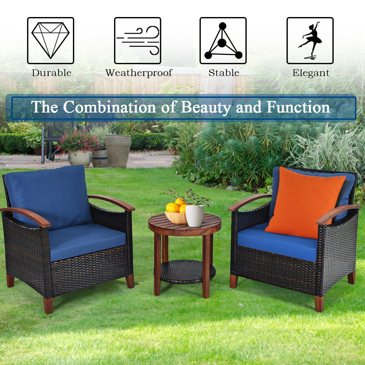 3 Pcs Solid Wood Frame Patio Rattan Furniture Set-Blue  (Fully Assembled)