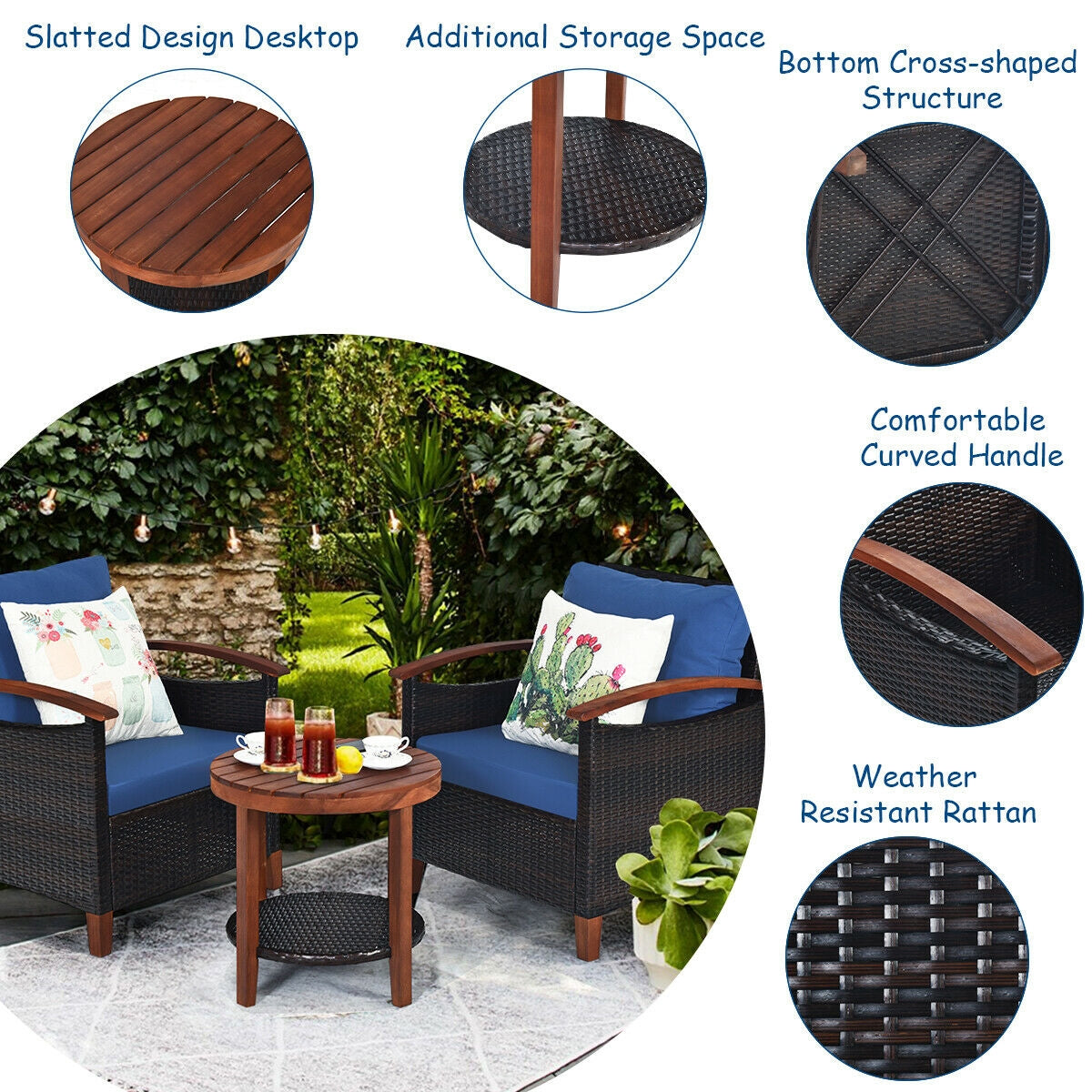 3 Pcs Solid Wood Frame Patio Rattan Furniture Set-Blue  (Fully Assembled)