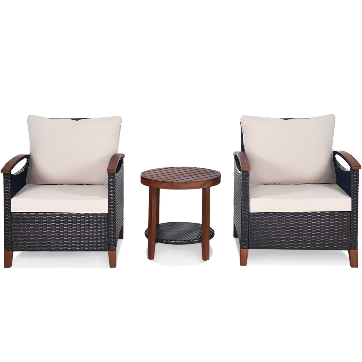 3 Pieces Patio Wicker Furniture Set Acacia Wood Tabletop-fully assembled beige or turquoise cushions